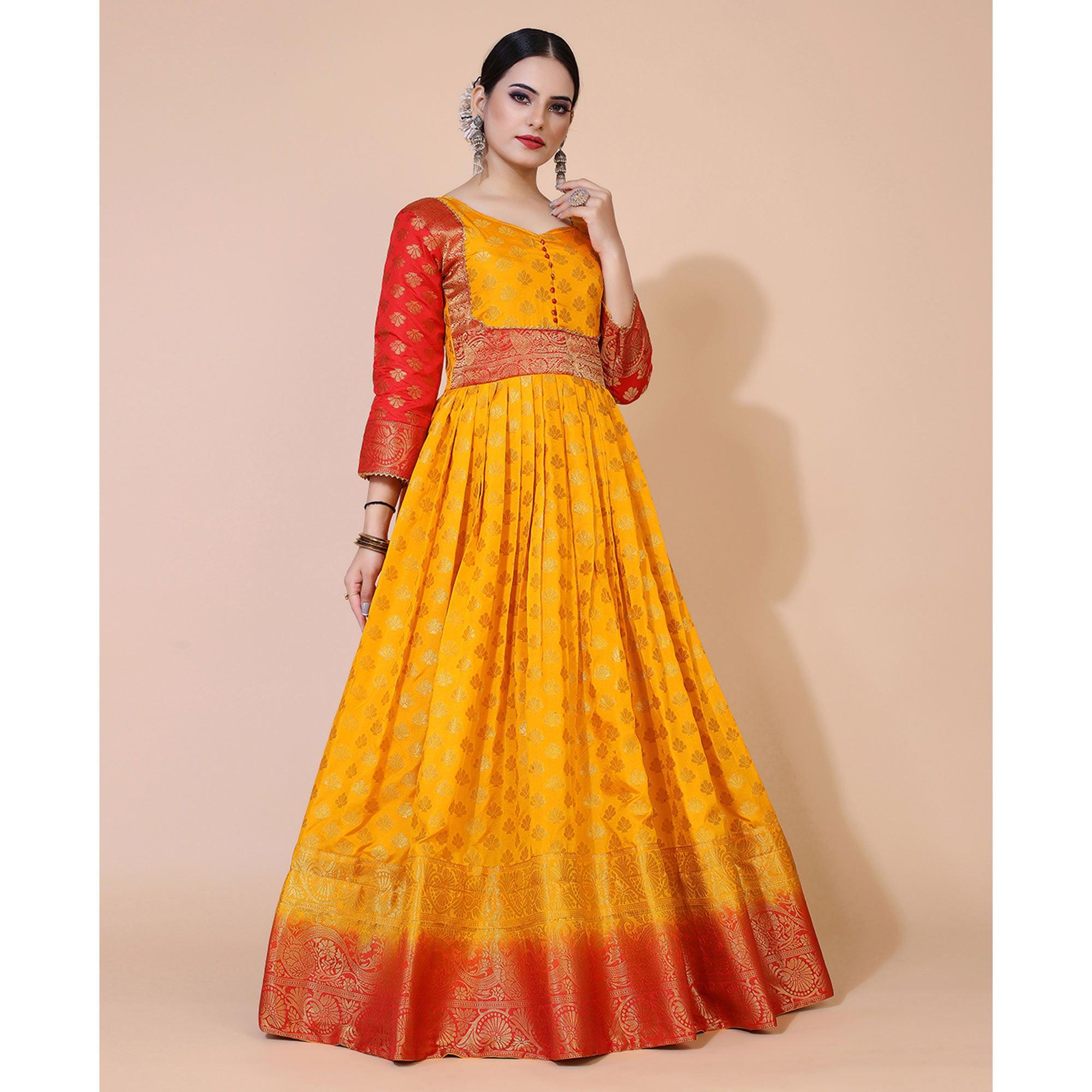 Yellow Floral Woven Jacquard Anarkali Style Gown - Peachmode