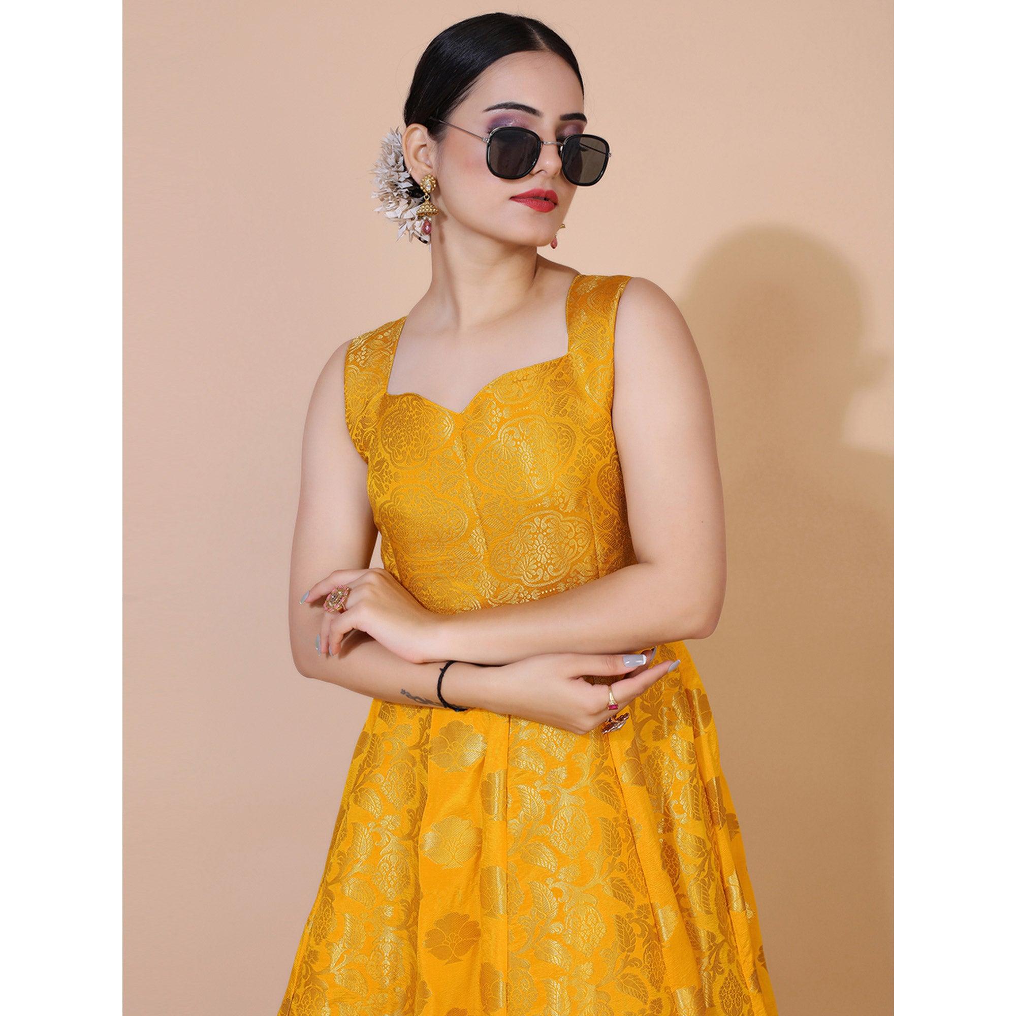 Yellow Floral Woven Jacquard Anarkali Style Gown - Peachmode