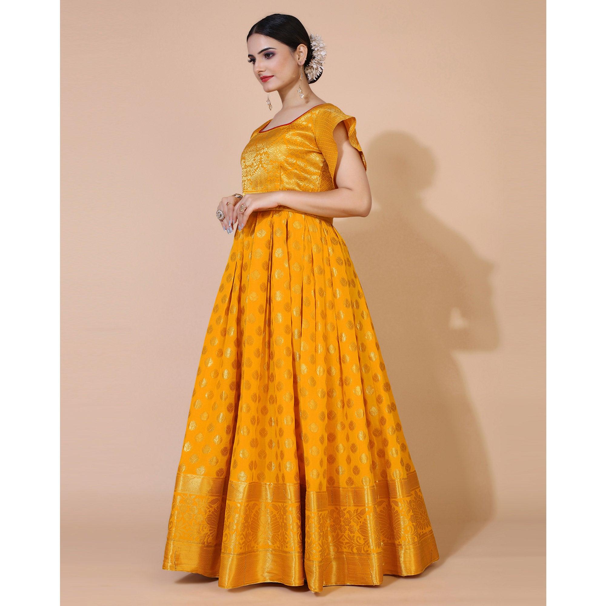 Yellow Floral Woven Jacquard Anarkali Style Gown - Peachmode