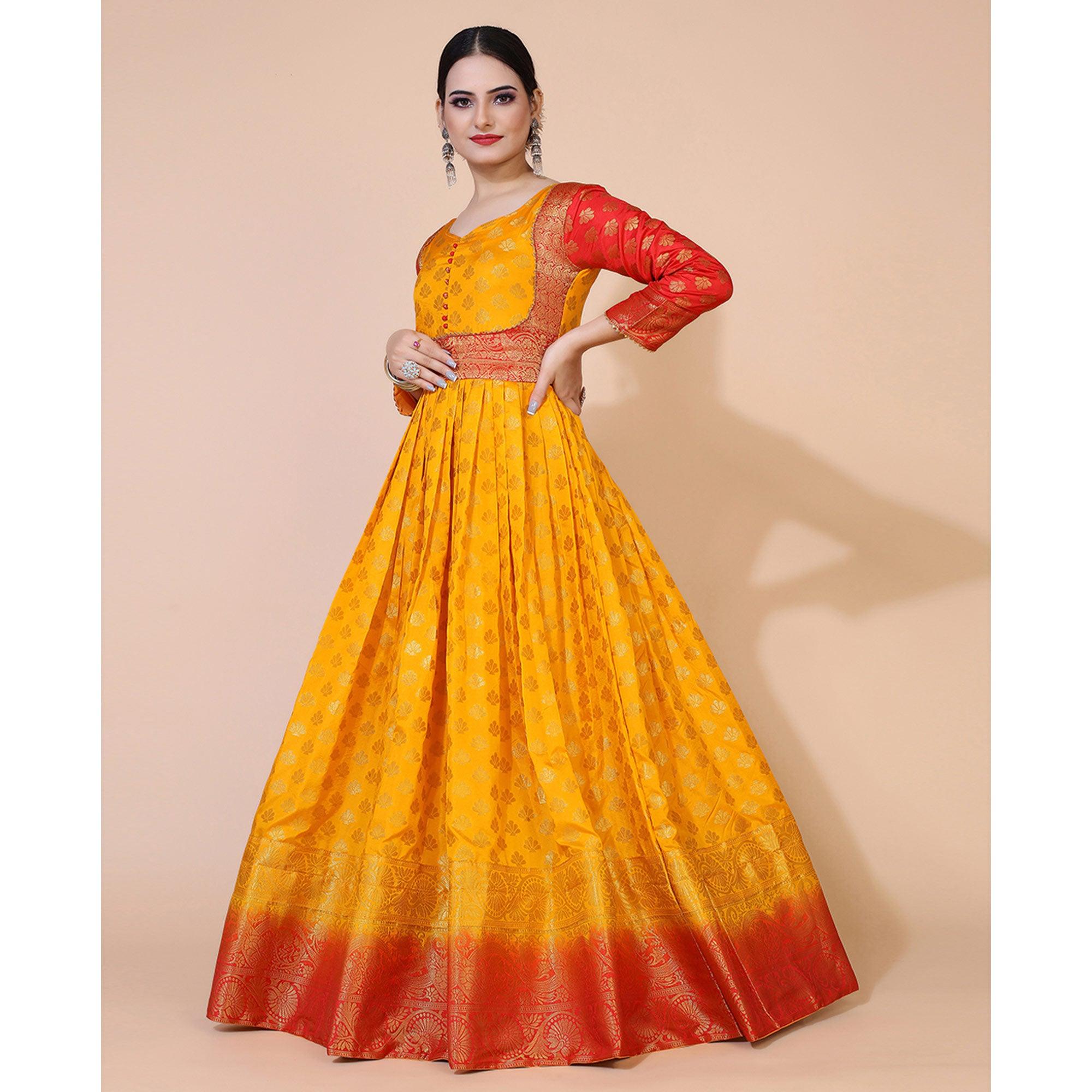 Yellow Floral Woven Jacquard Anarkali Style Gown - Peachmode
