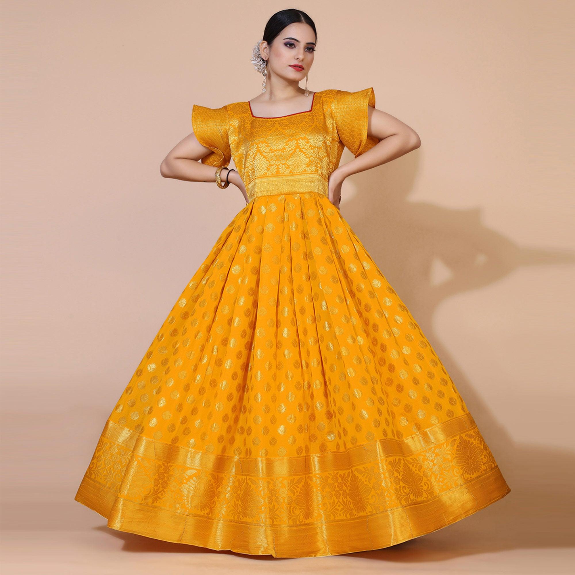 Yellow Floral Woven Jacquard Anarkali Style Gown - Peachmode