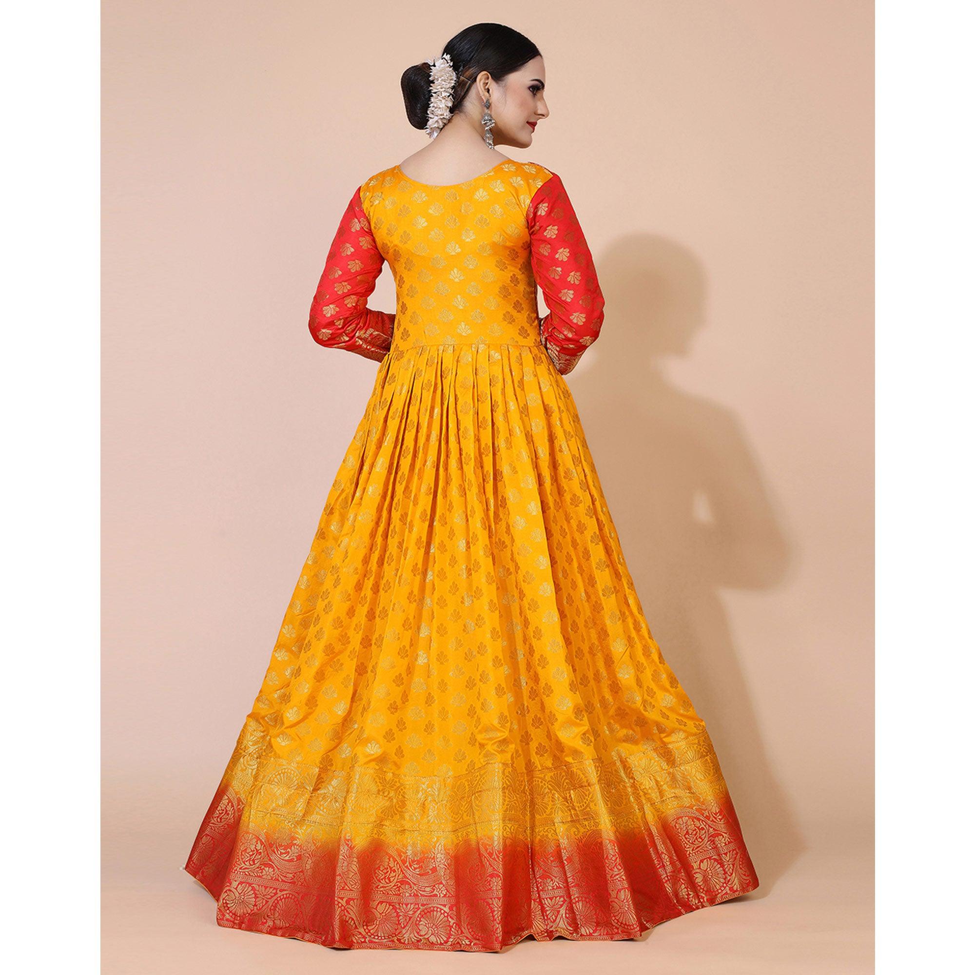 Yellow Floral Woven Jacquard Anarkali Style Gown - Peachmode