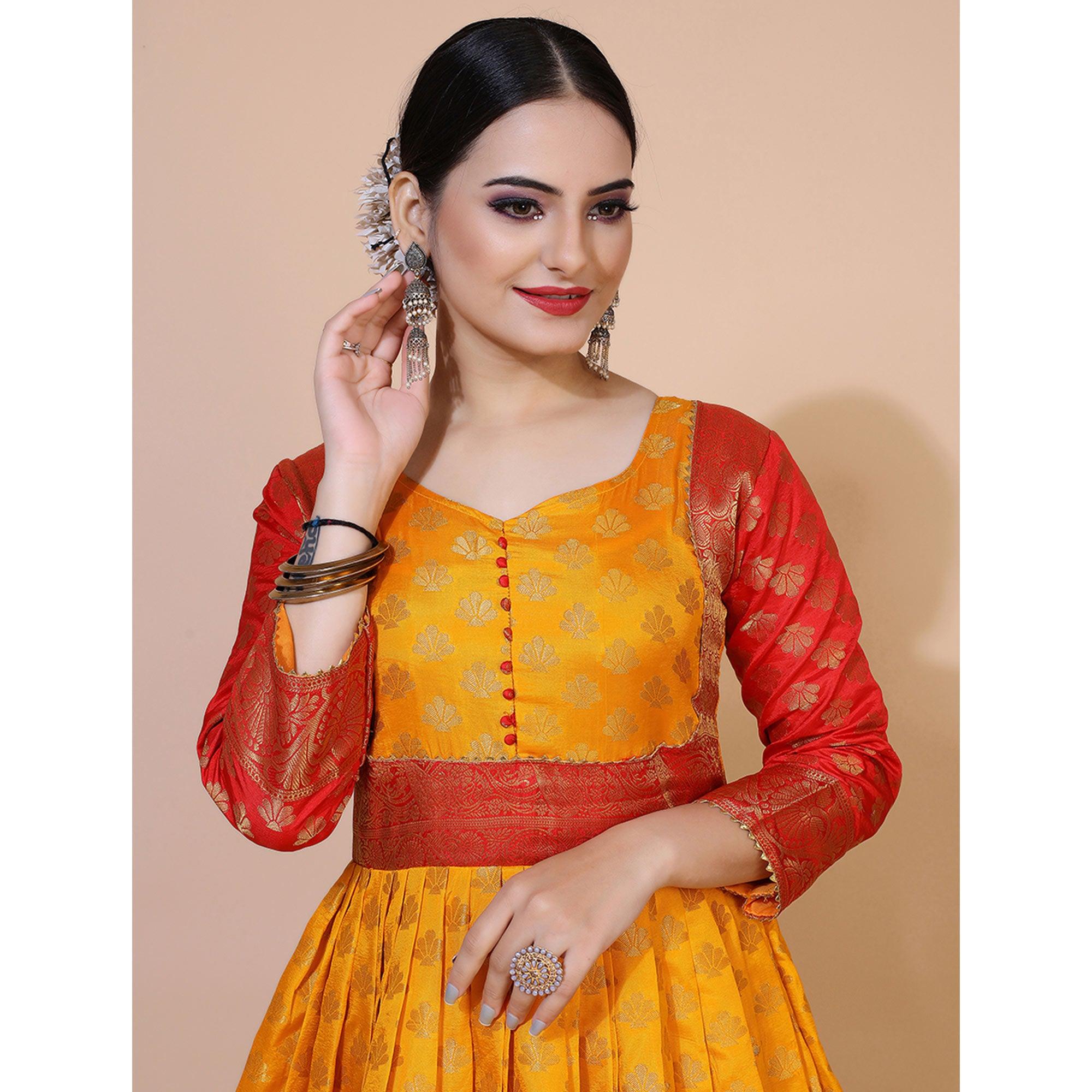 Yellow Floral Woven Jacquard Anarkali Style Gown - Peachmode
