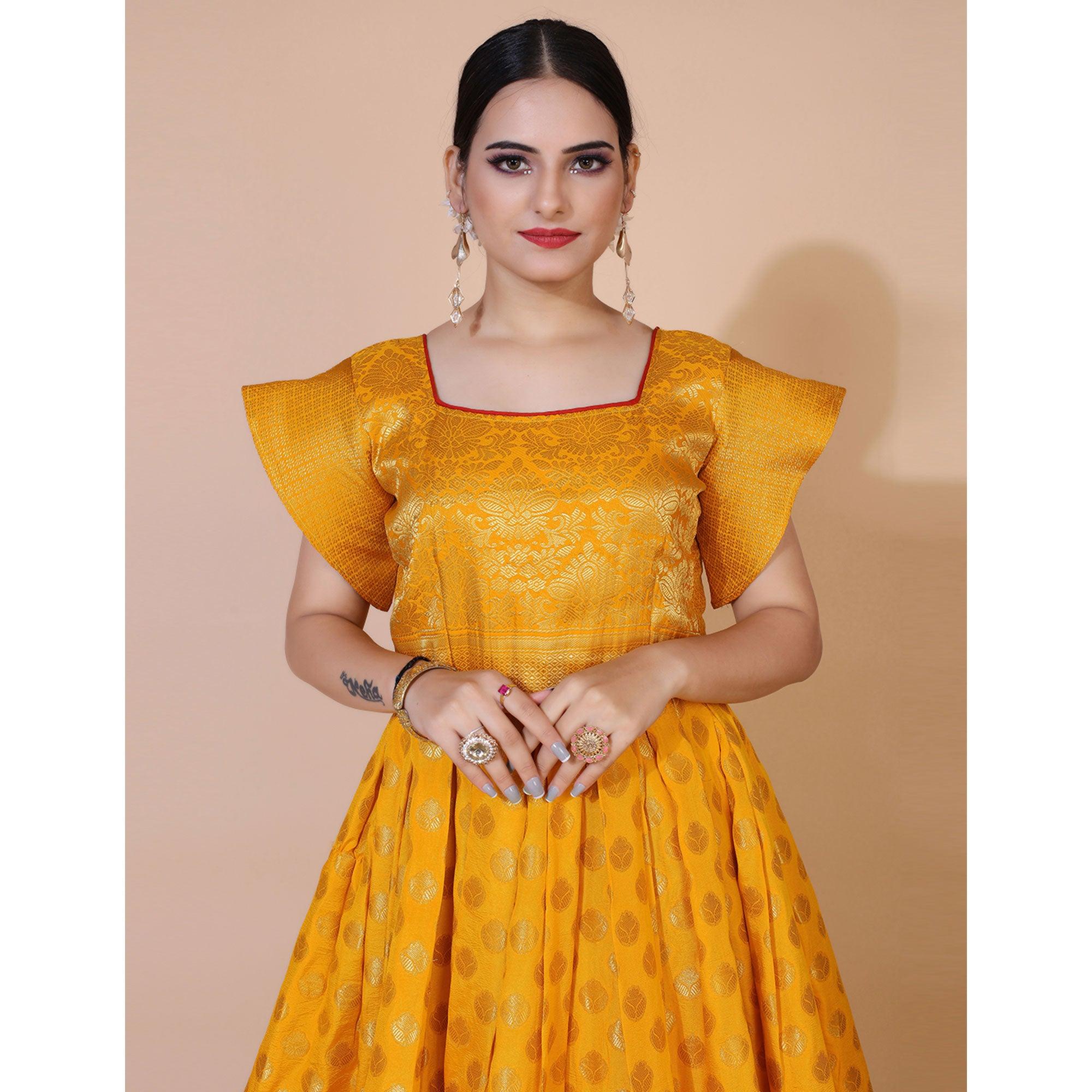 Yellow Floral Woven Jacquard Anarkali Style Gown - Peachmode