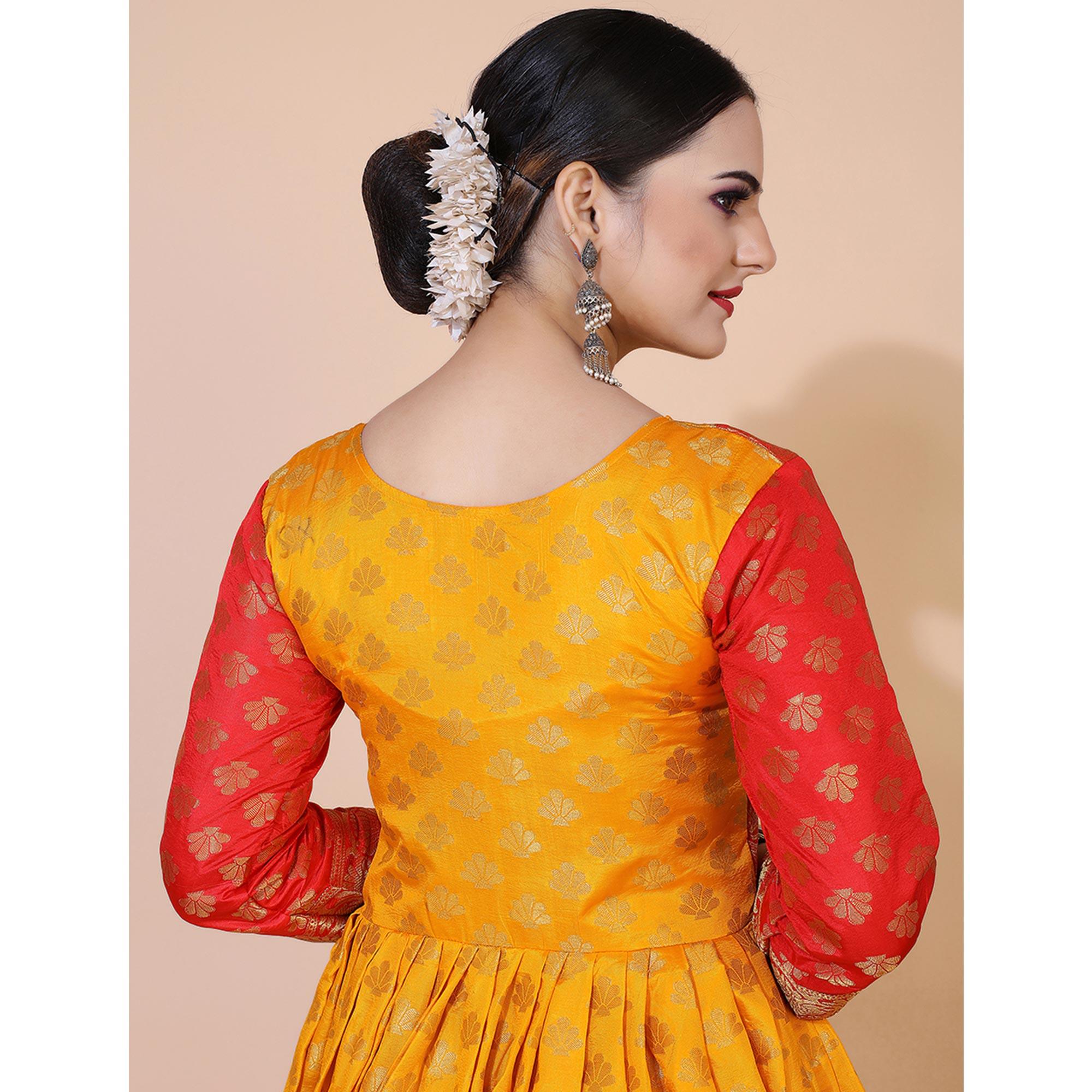 Yellow Floral Woven Jacquard Anarkali Style Gown - Peachmode
