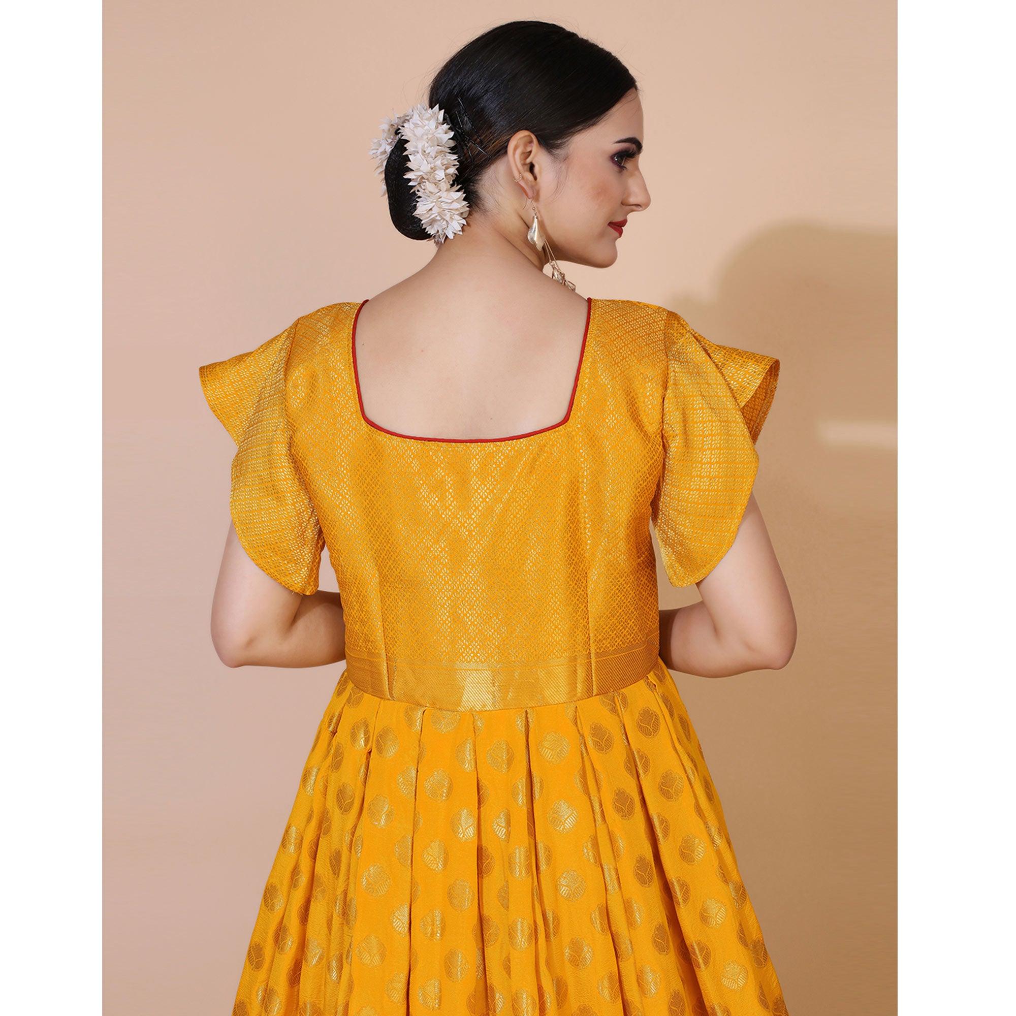 Yellow Floral Woven Jacquard Anarkali Style Gown - Peachmode