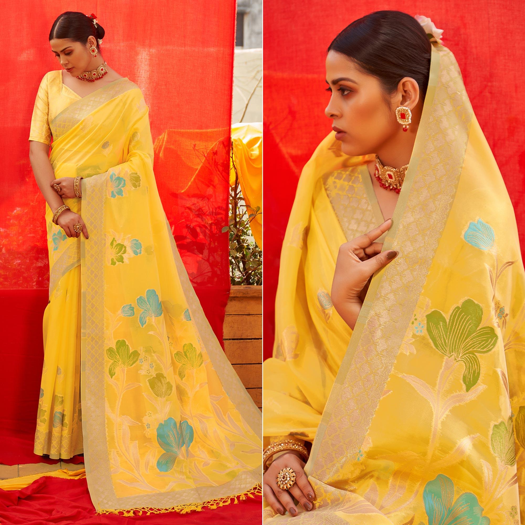 Yellow Floral Woven Organza Saree - Peachmode