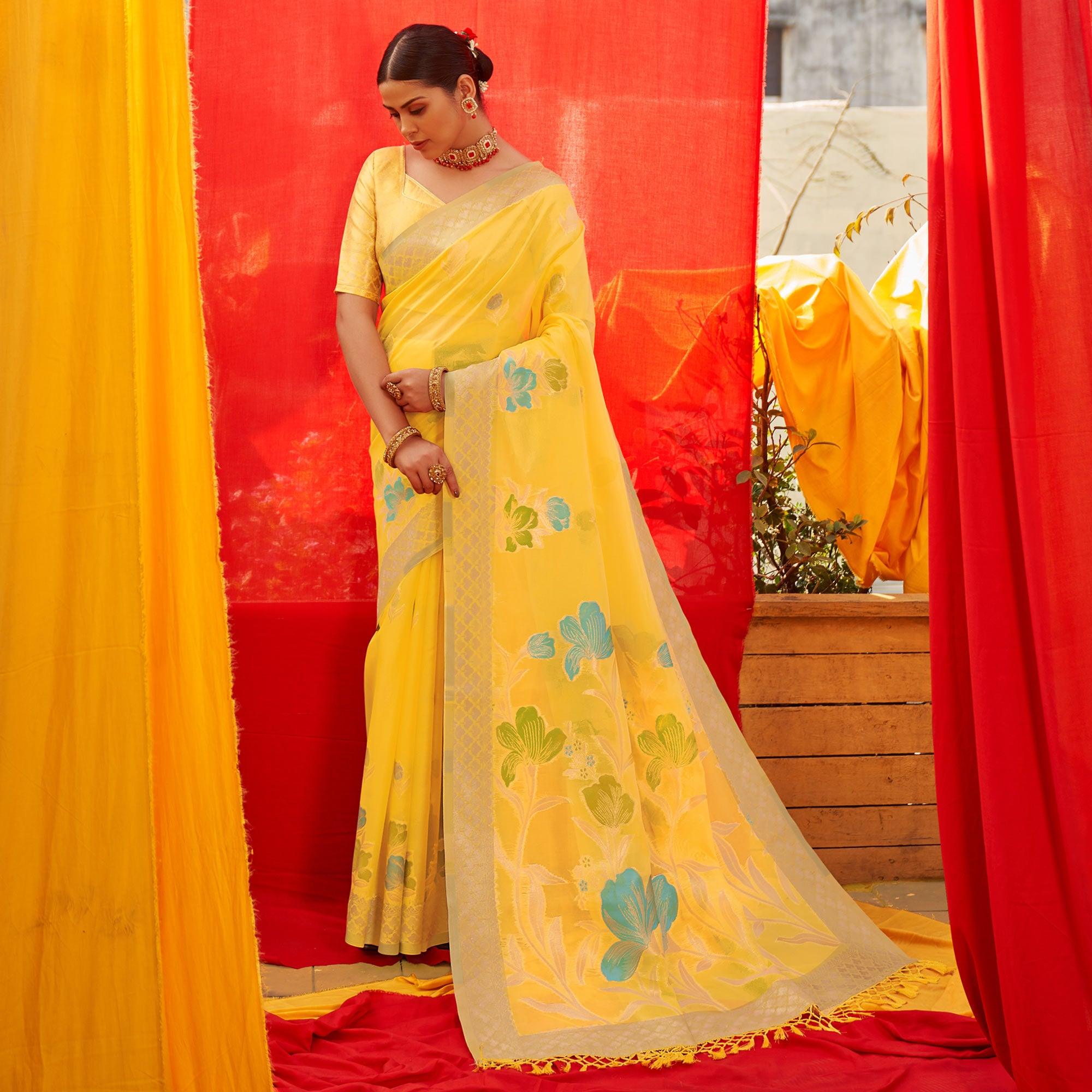 Yellow Floral Woven Organza Saree - Peachmode