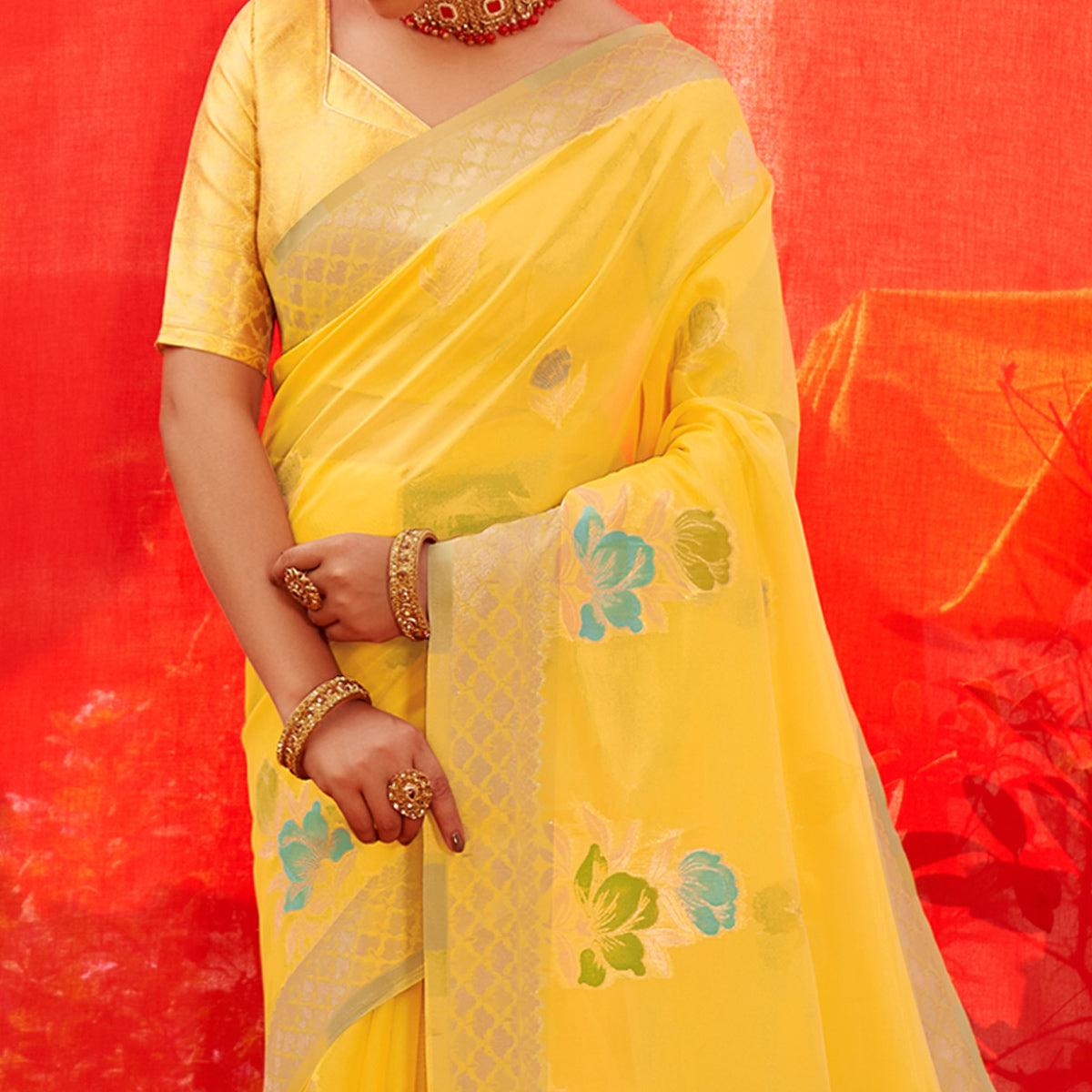 Yellow Floral Woven Organza Saree - Peachmode