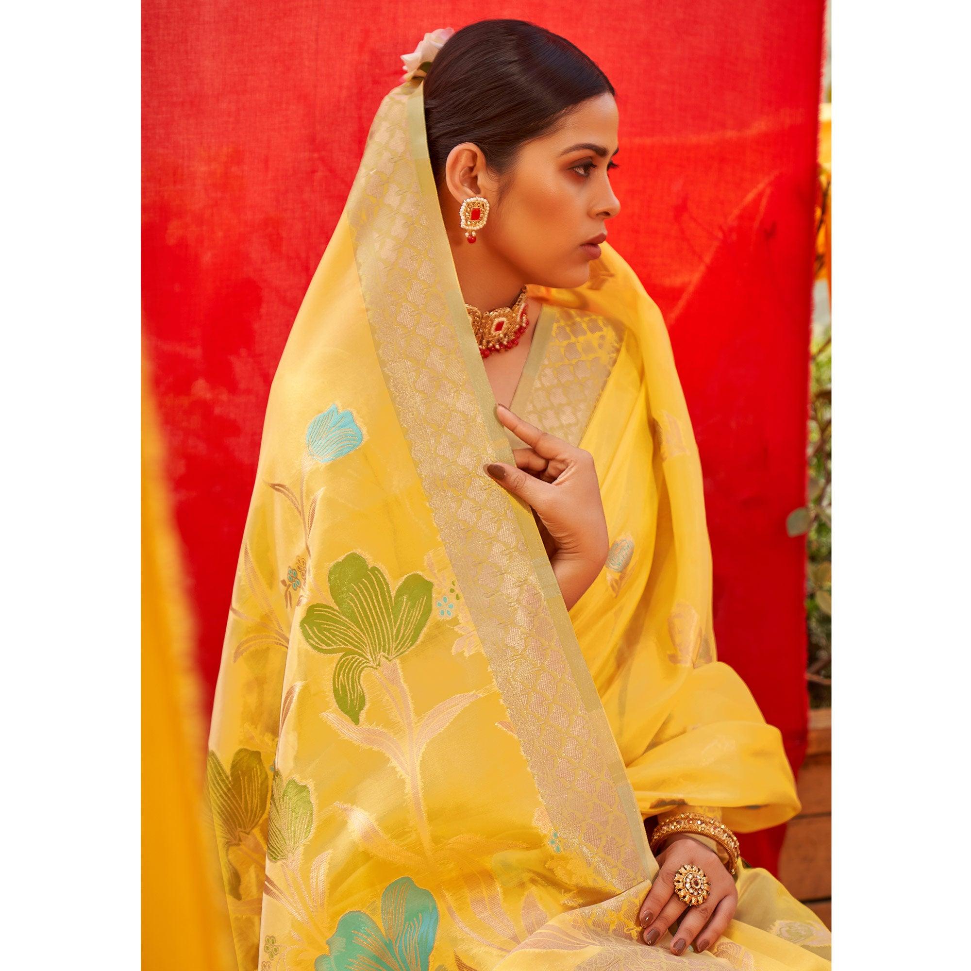 Yellow Floral Woven Organza Saree - Peachmode