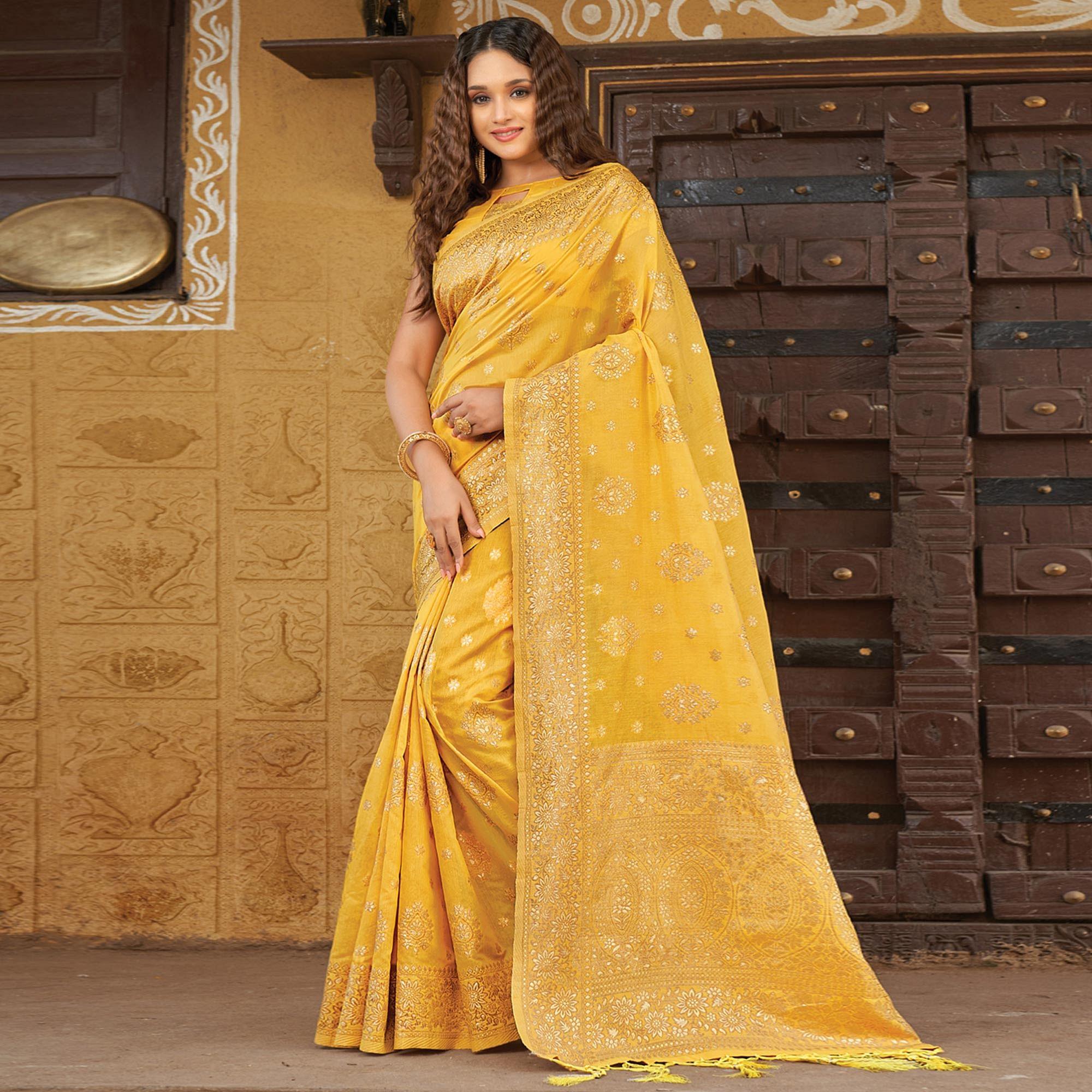 Yellow Floral Woven Pure Cotton Saree - Peachmode