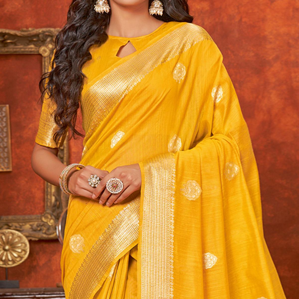 Yellow Floral Woven Pure Cotton Saree - Peachmode