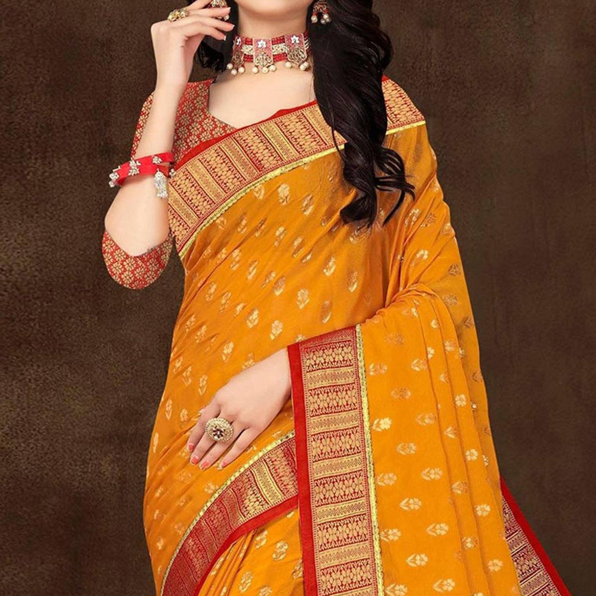 Yellow Floral Woven Vichitra Silk Saree - Peachmode