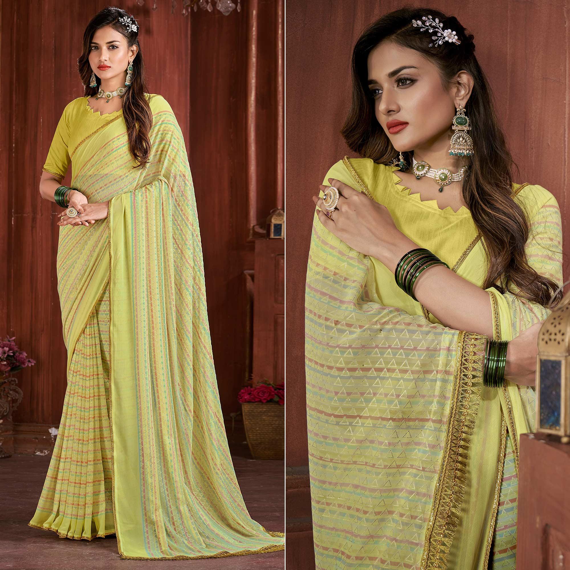 Yellow Foil Printed Georgette Saree - Peachmode