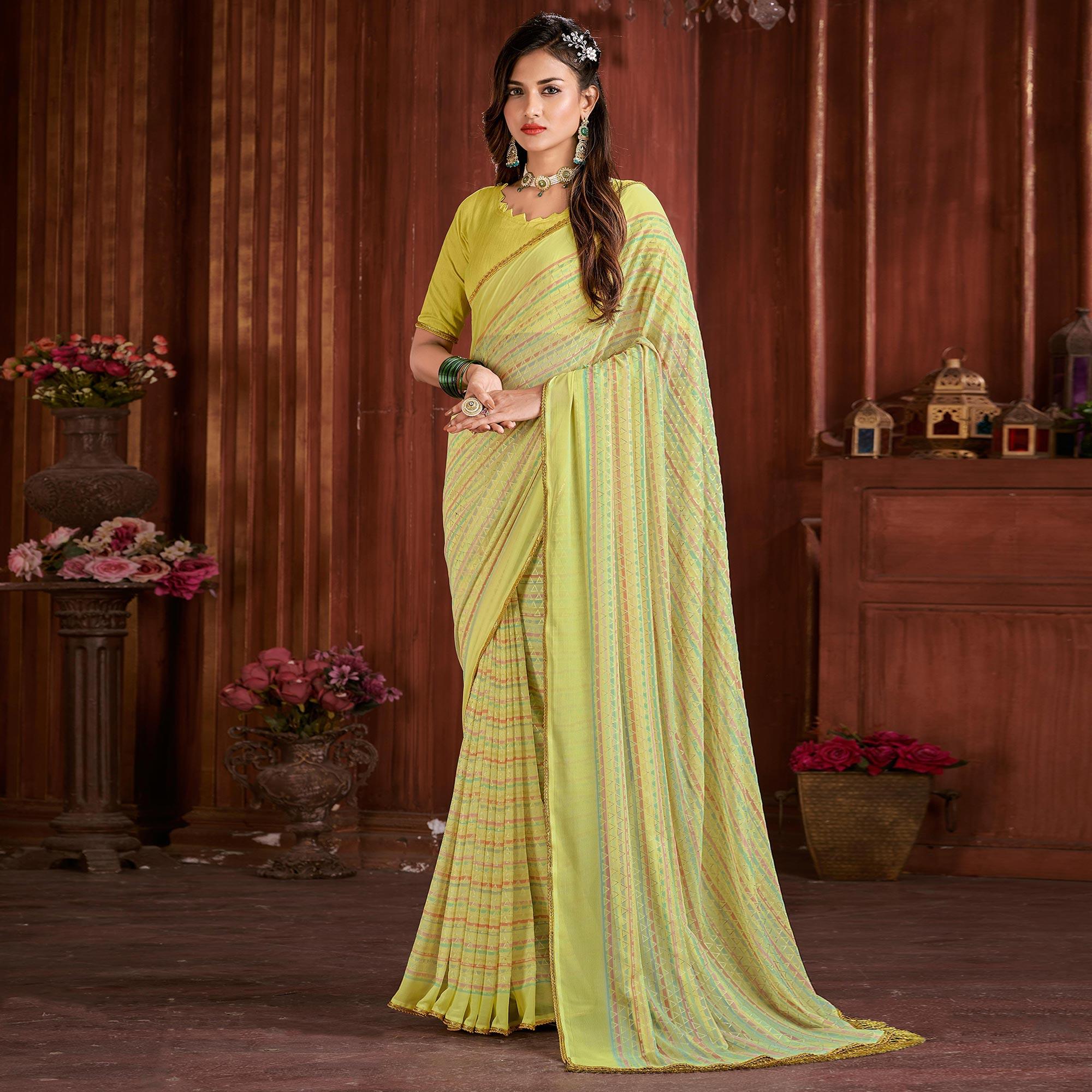 Yellow Foil Printed Georgette Saree - Peachmode