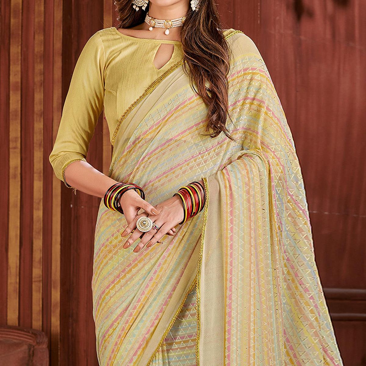 Yellow Foil Printed Georgette Saree - Peachmode