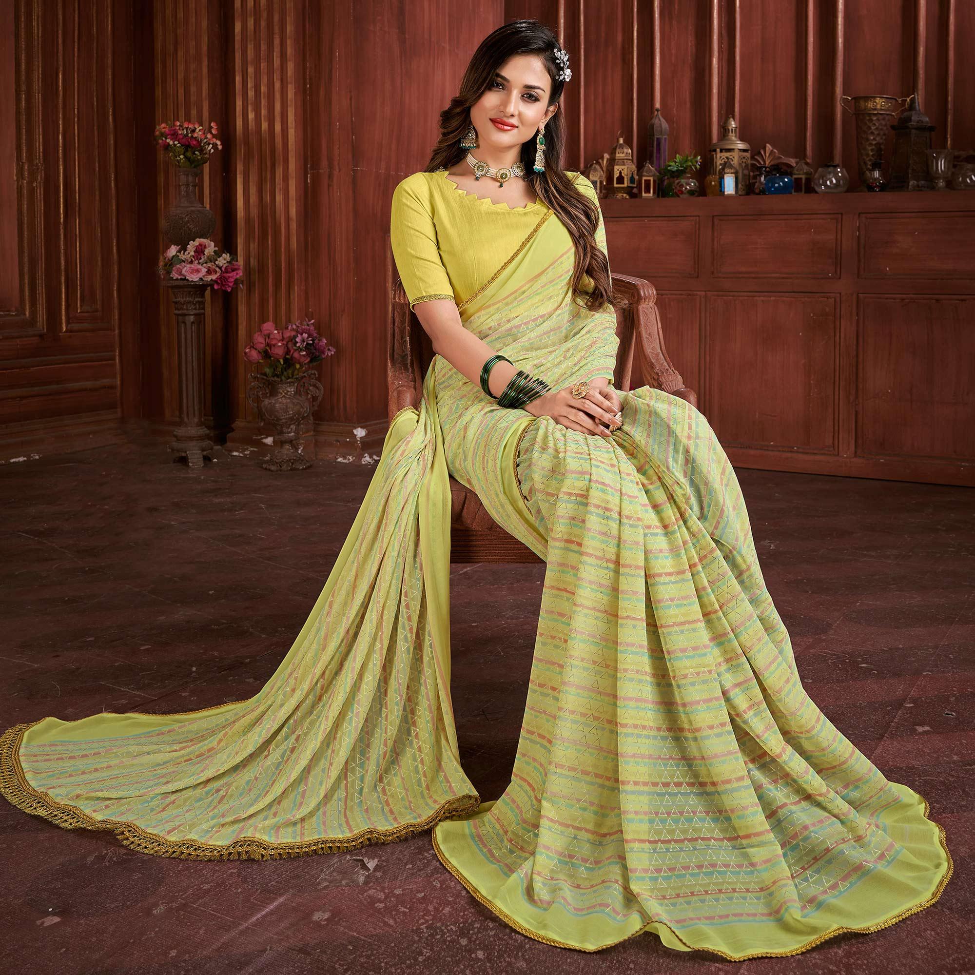 Yellow Foil Printed Georgette Saree - Peachmode