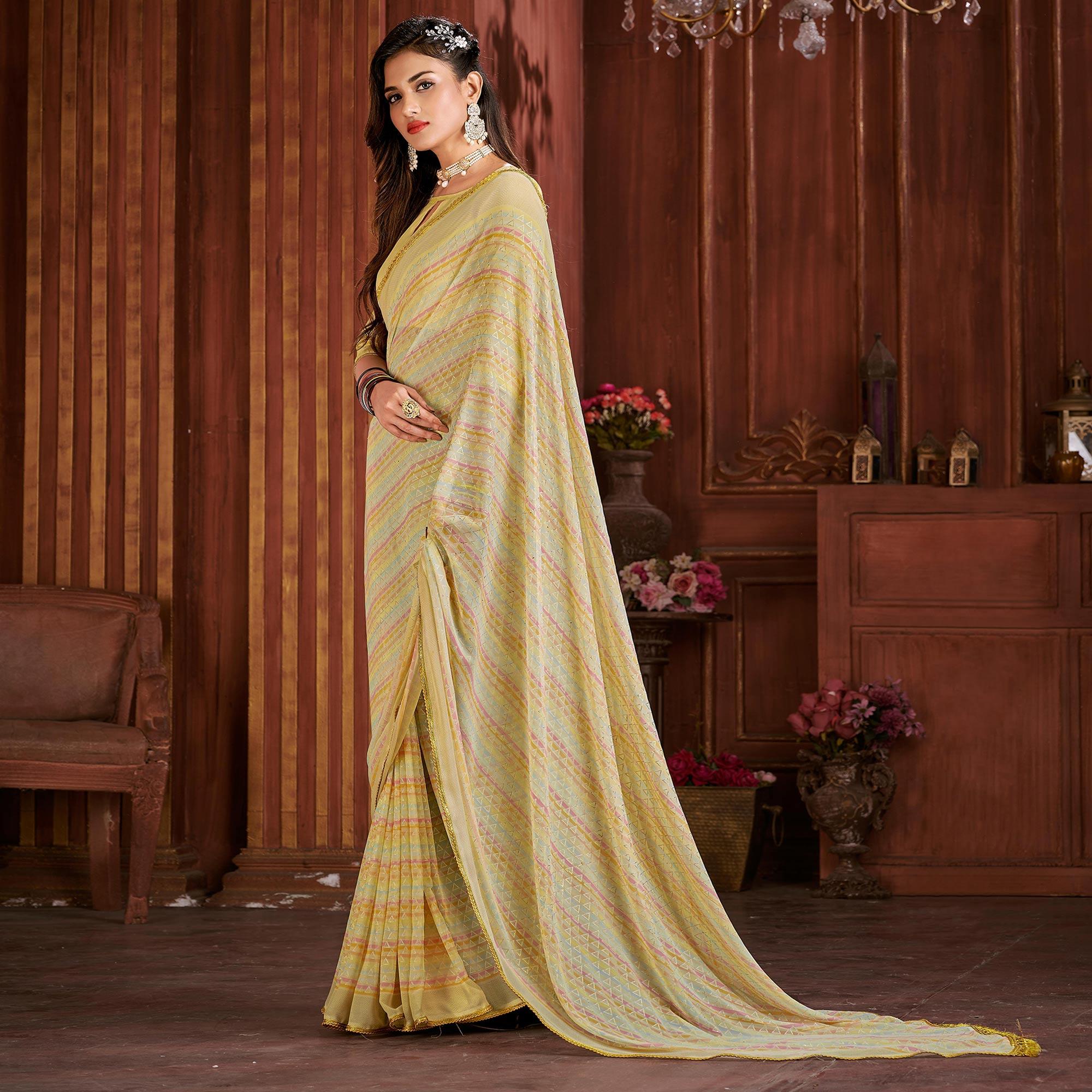 Yellow Foil Printed Georgette Saree - Peachmode