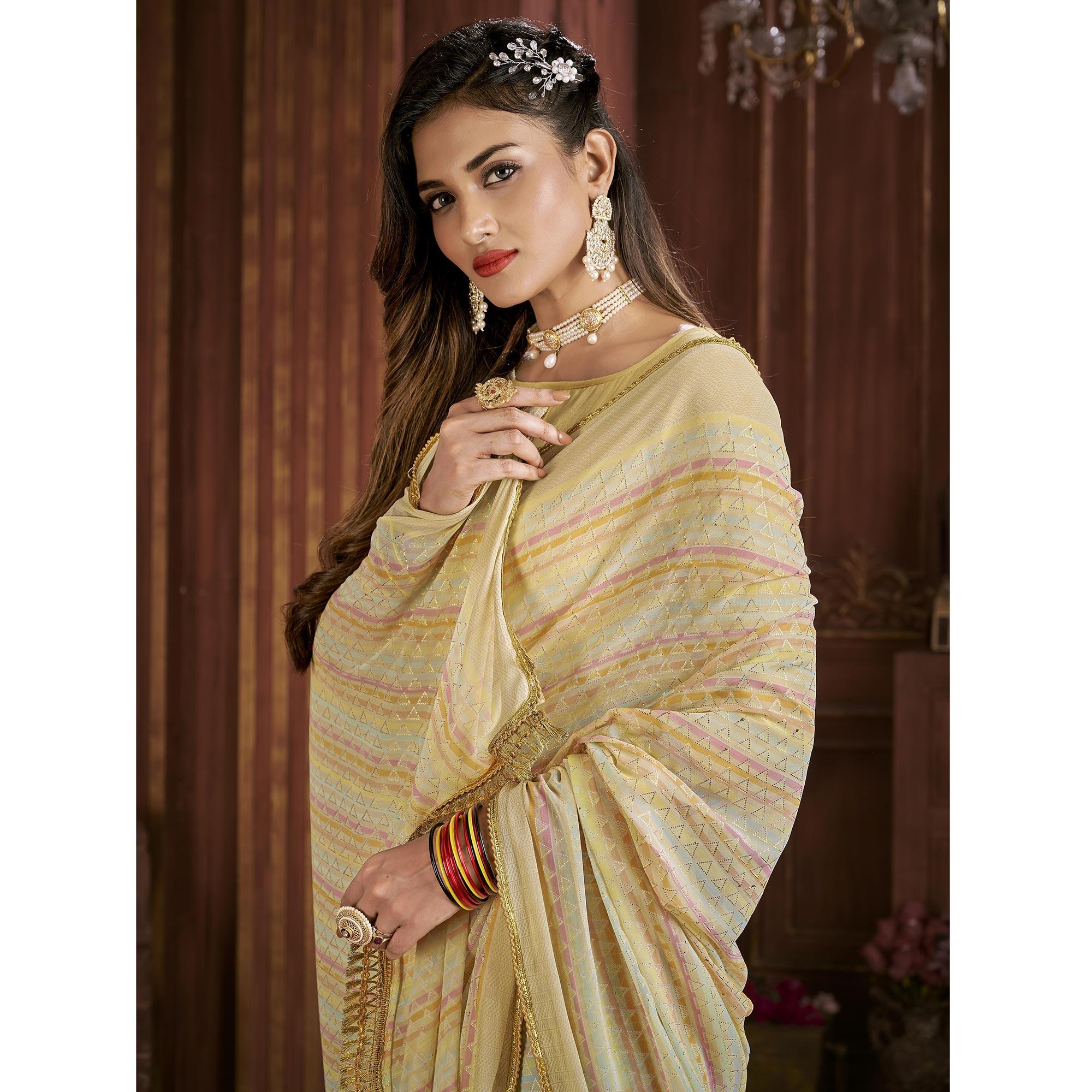 Yellow Foil Printed Georgette Saree - Peachmode