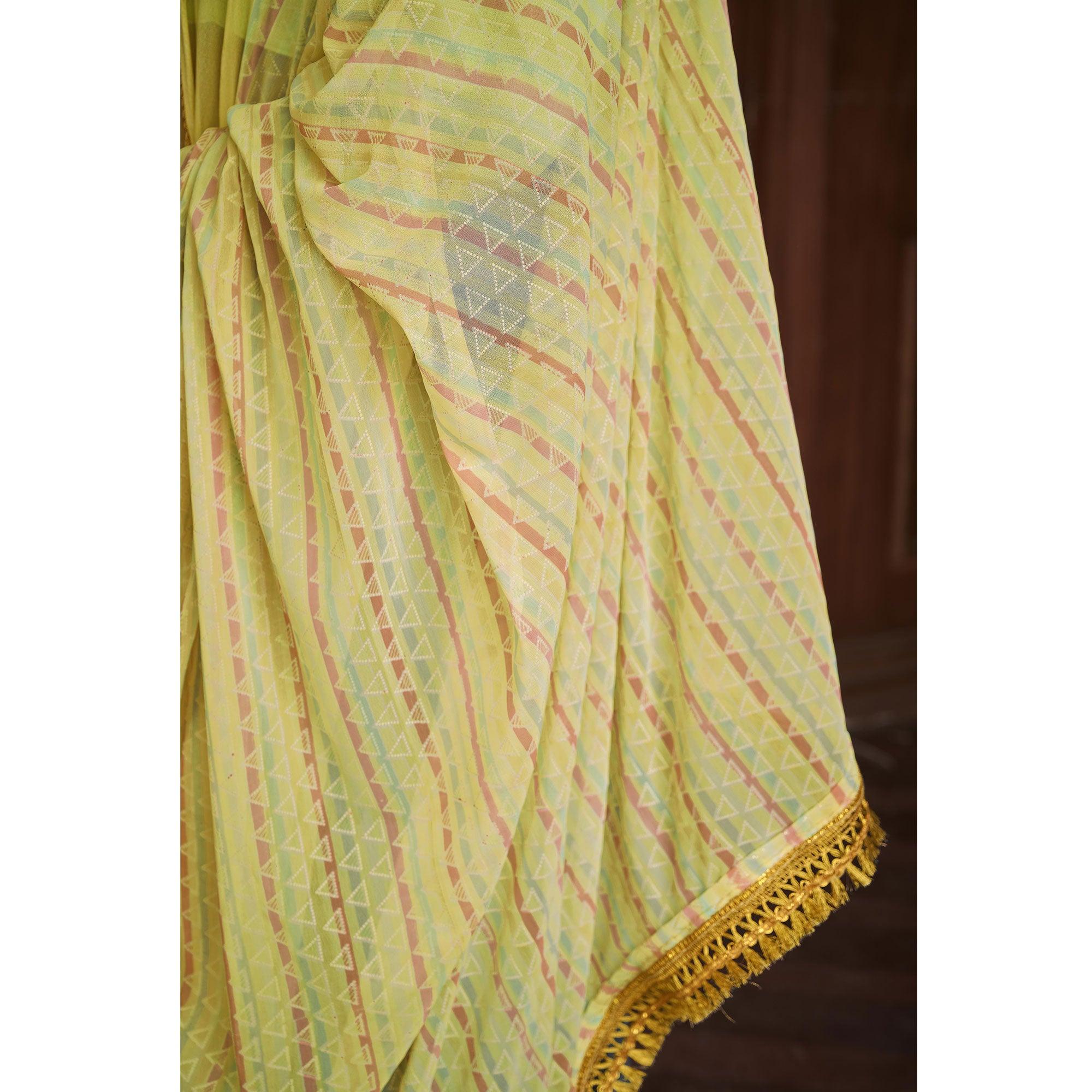 Yellow Foil Printed Georgette Saree - Peachmode