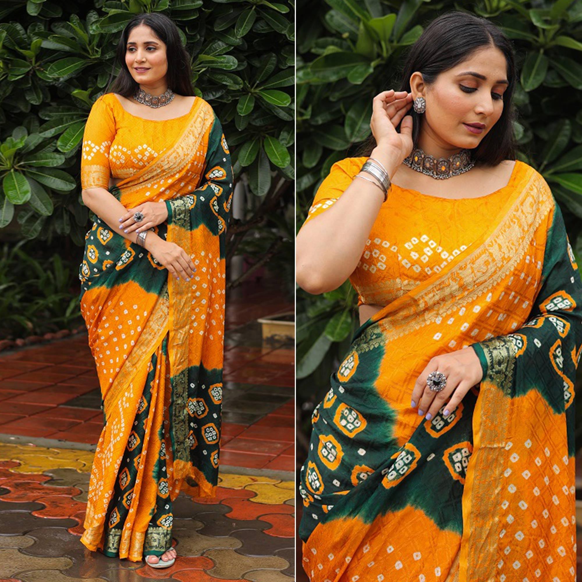 Yellow-Green Bandhani Printed With Woven Border Art Silk Saree - Peachmode