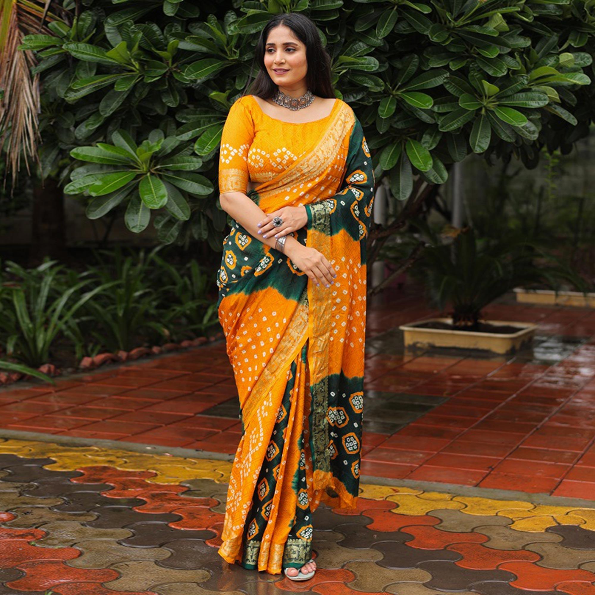 Yellow-Green Bandhani Printed With Woven Border Art Silk Saree - Peachmode