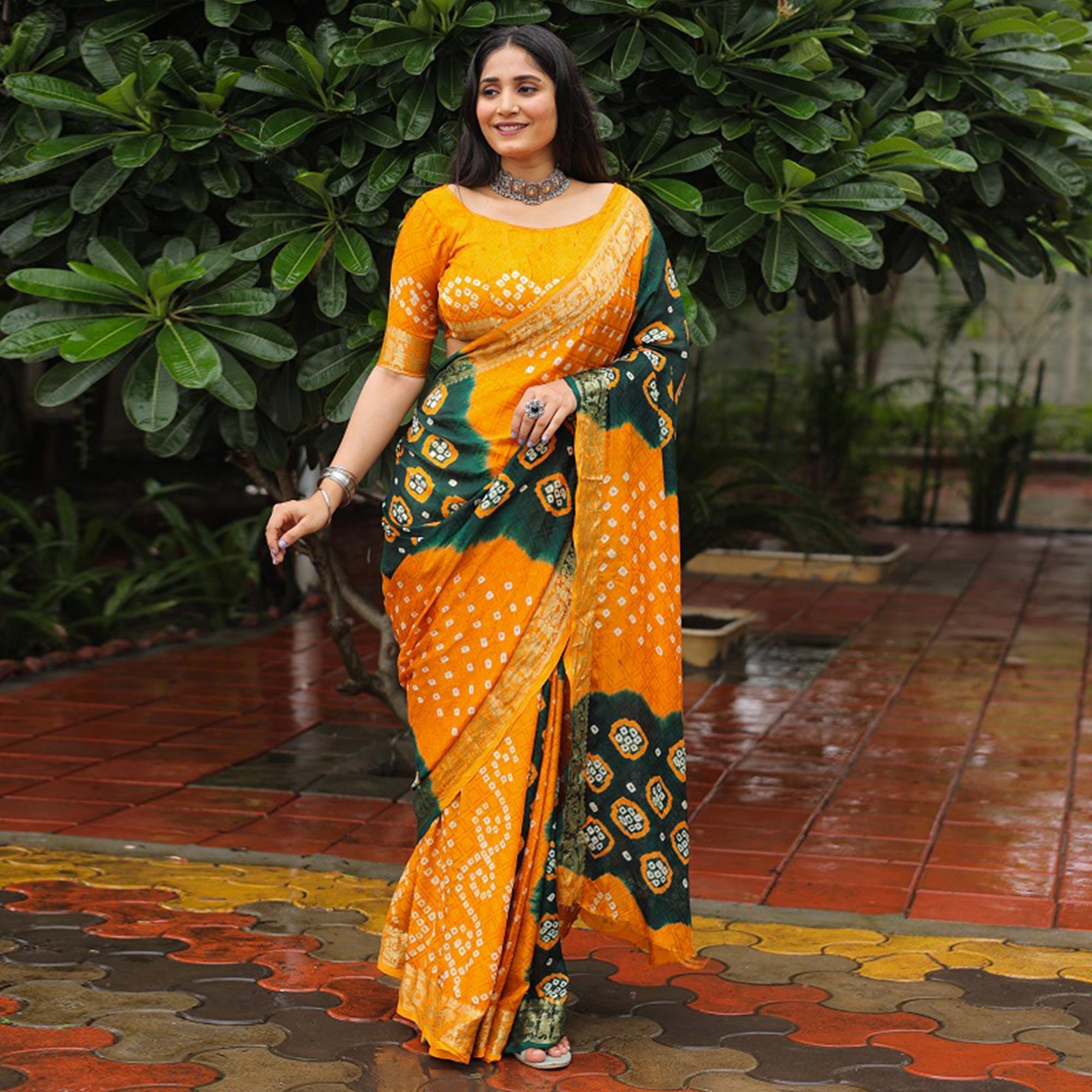 Yellow-Green Bandhani Printed With Woven Border Art Silk Saree - Peachmode