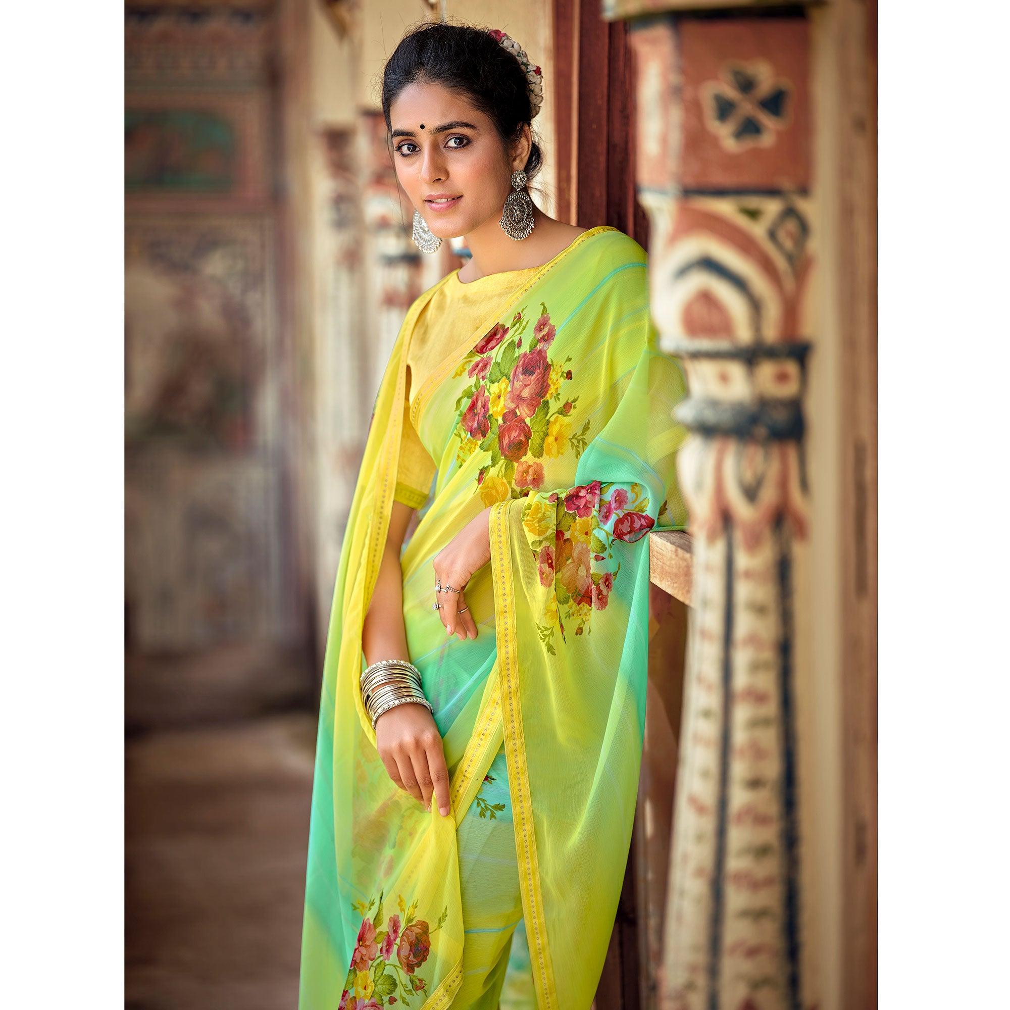 Yellow-Green Casual Wear Floral Printed Chiffon Saree With Fancy Blouse - Peachmode