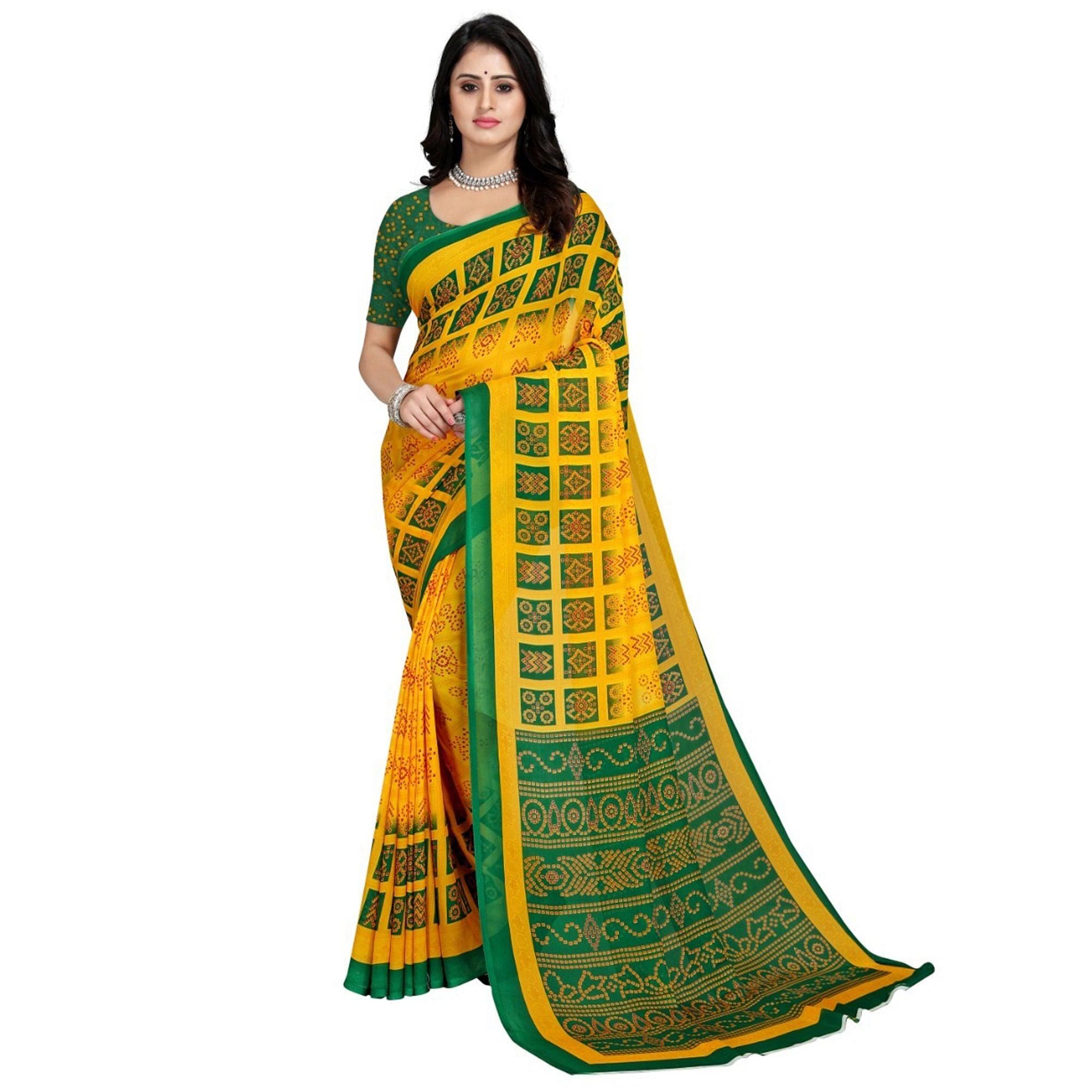 Yellow-Green Casual Wear Printed Georgette Saree - Peachmode