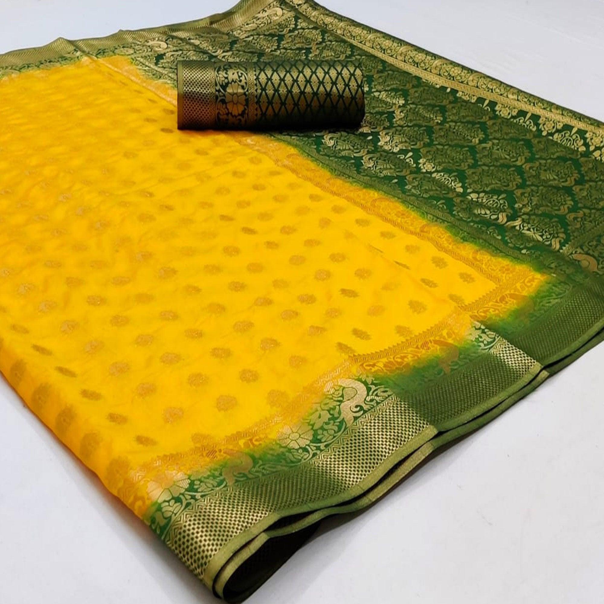 Yellow-Green Festive Wear Woven Zari Pallu Art Silk Saree - Peachmode