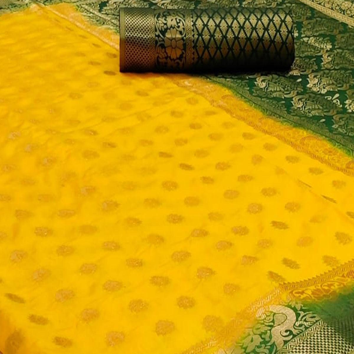 Yellow-Green Festive Wear Woven Zari Pallu Art Silk Saree - Peachmode
