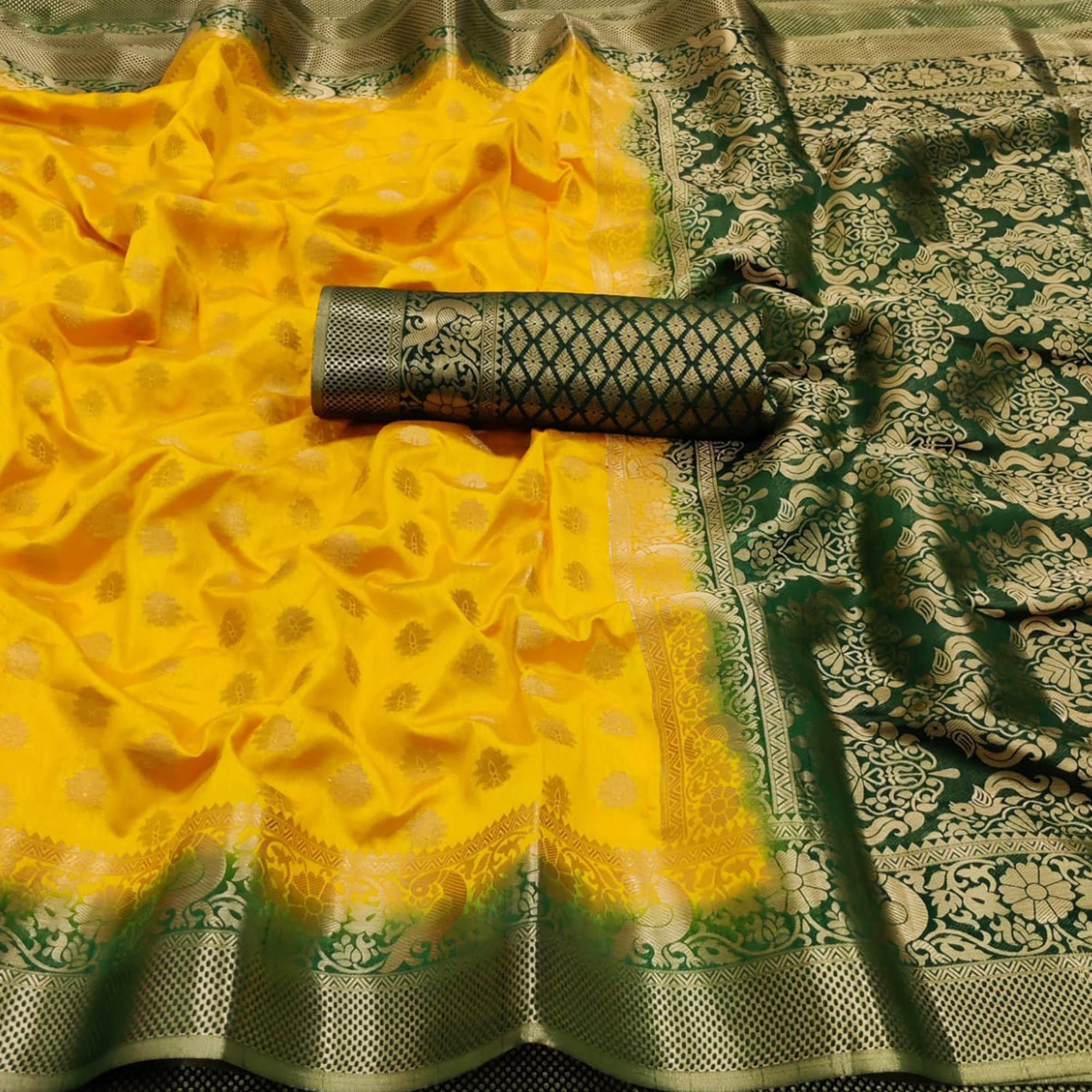 Yellow-Green Festive Wear Woven Zari Pallu Art Silk Saree - Peachmode
