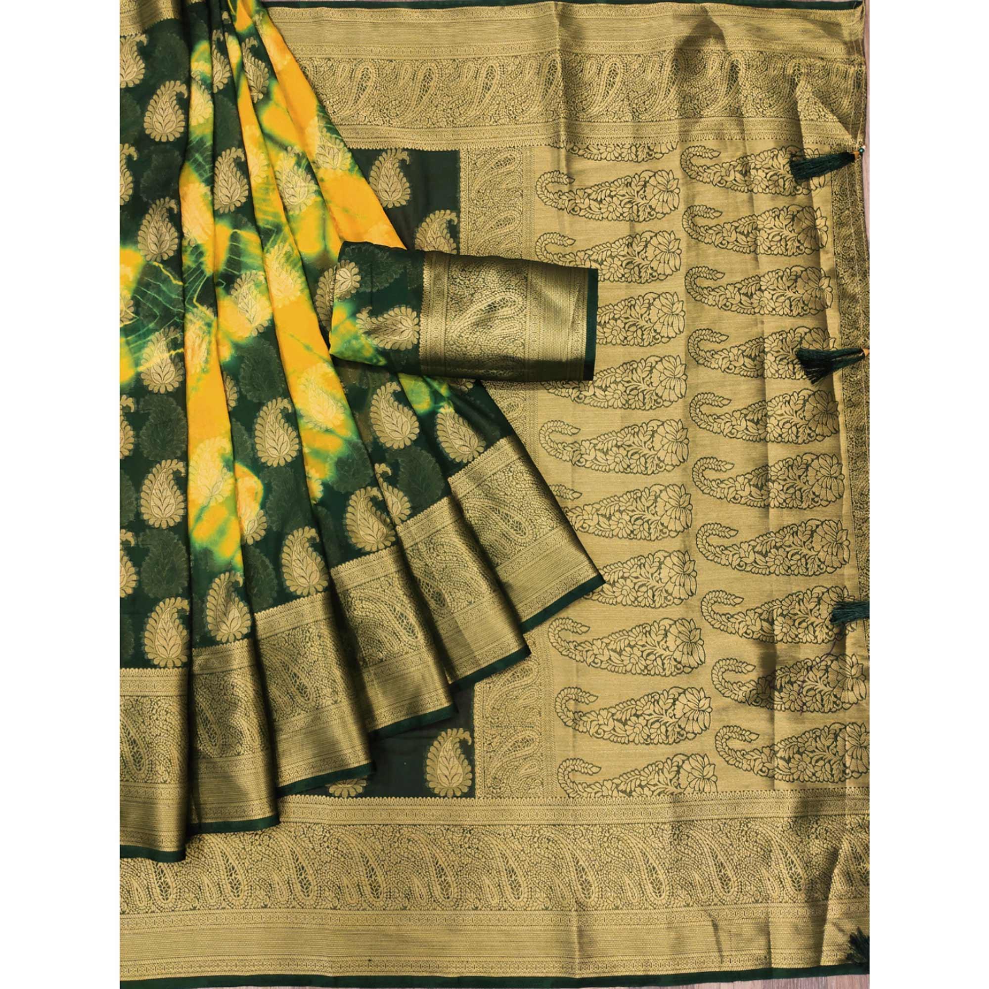 Yellow-Green Woven Jacquard Saree With Tassels - Peachmode