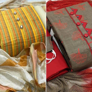 Yellow-Grey Casual Wear Printed-Embroidered Pure Cotton Dress Material - Pack of 2 - Peachmode