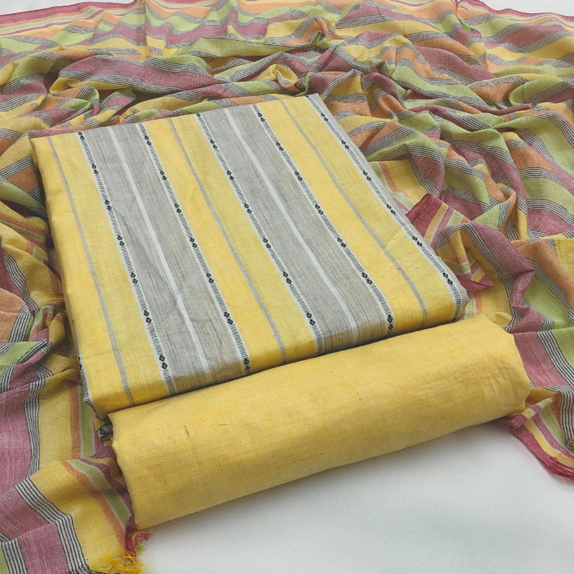 Yellow-Grey Embroidered Pure Cotton Dress Material - Peachmode