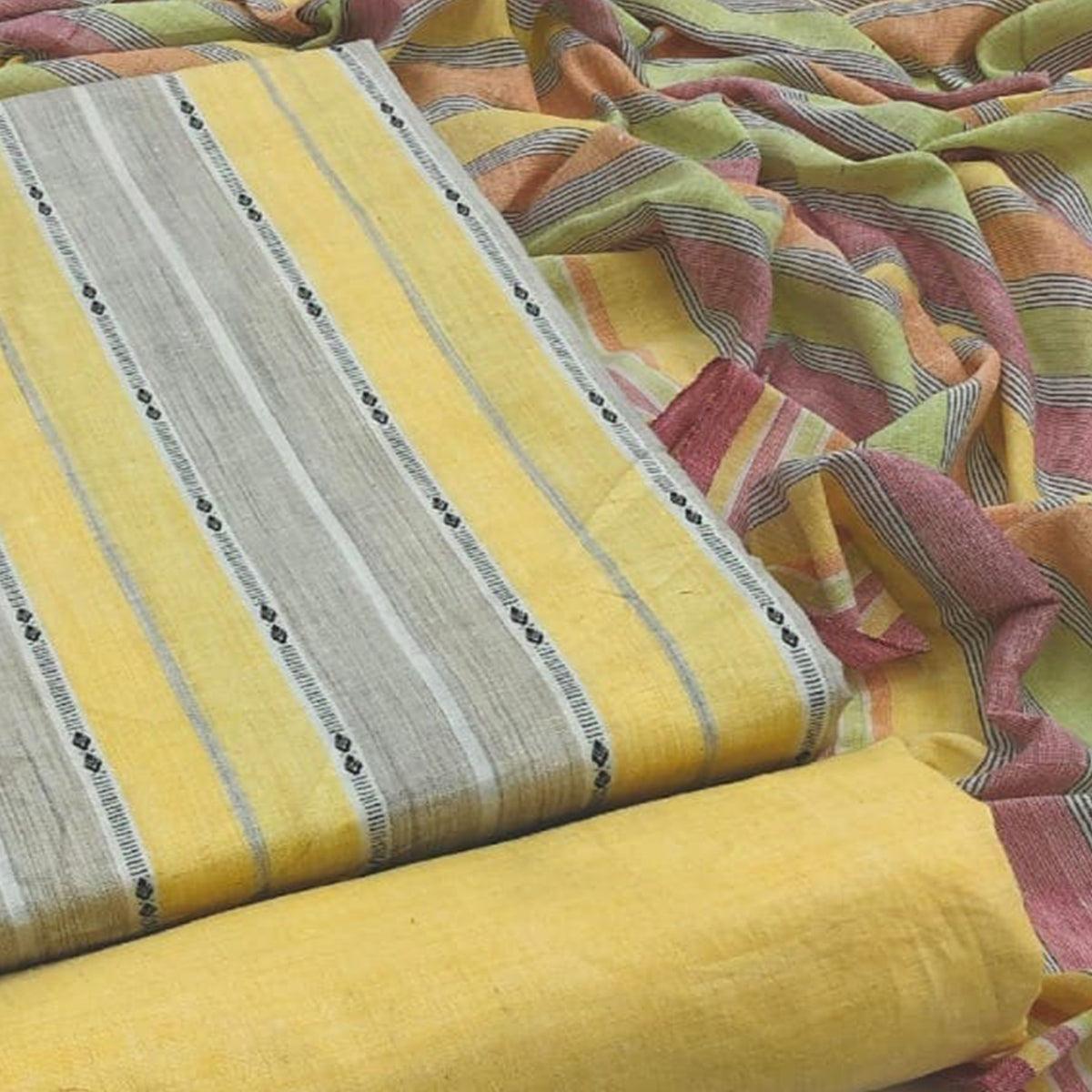 Yellow-Grey Embroidered Pure Cotton Dress Material - Peachmode