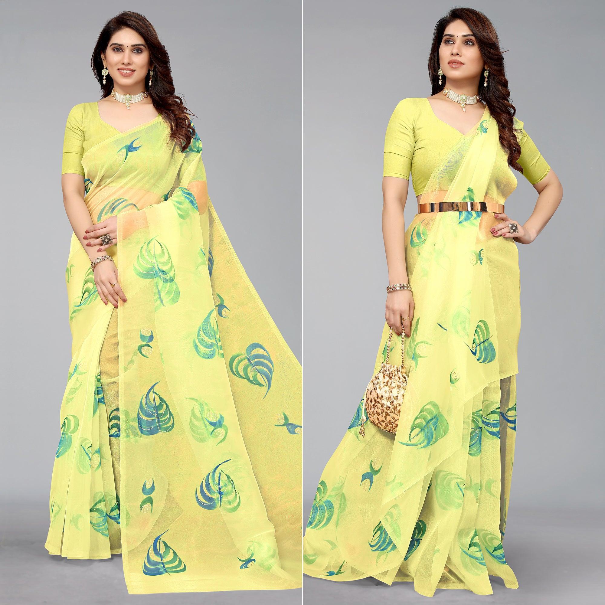 Yellow Hand Printed Organza Saree - Peachmode