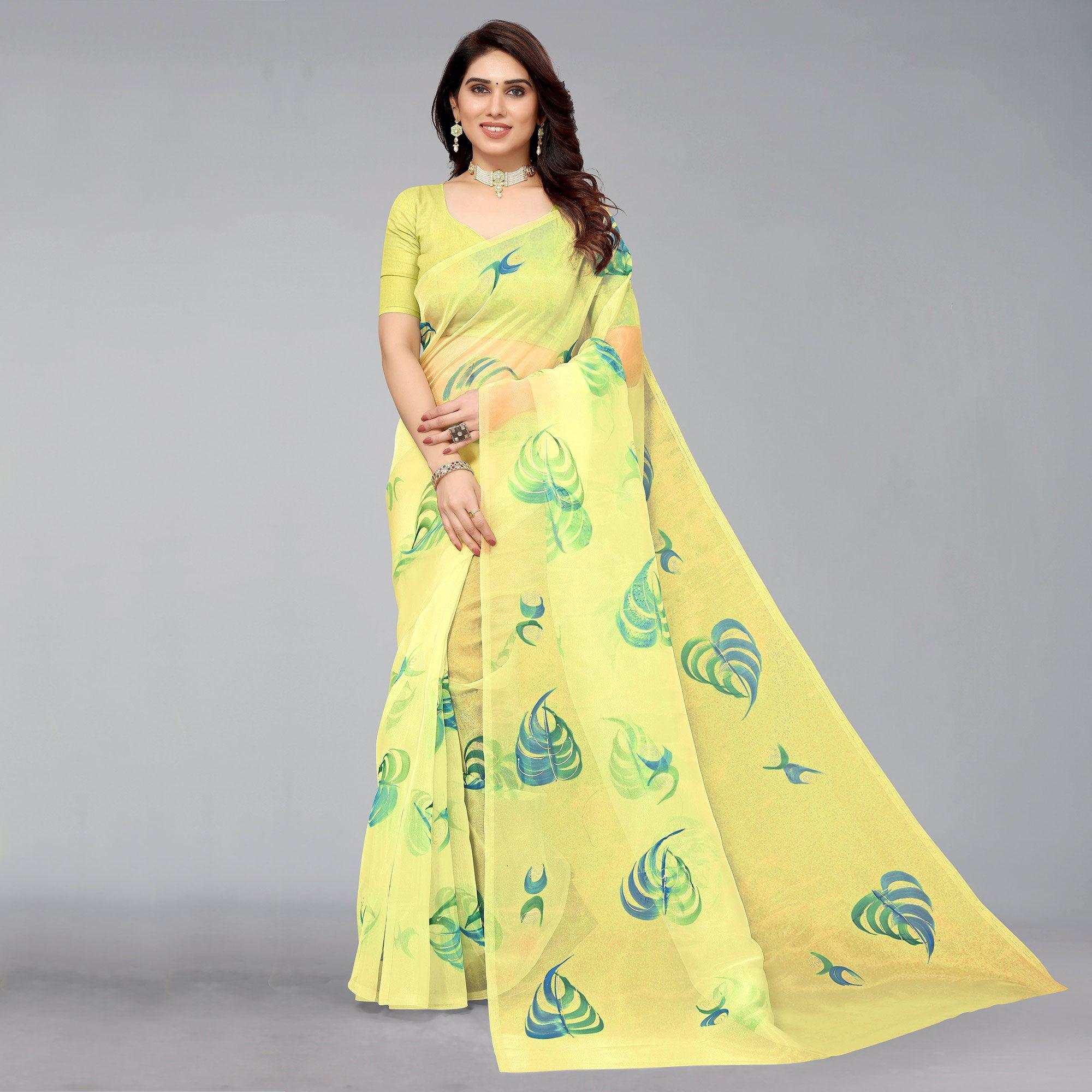 Yellow Hand Printed Organza Saree - Peachmode