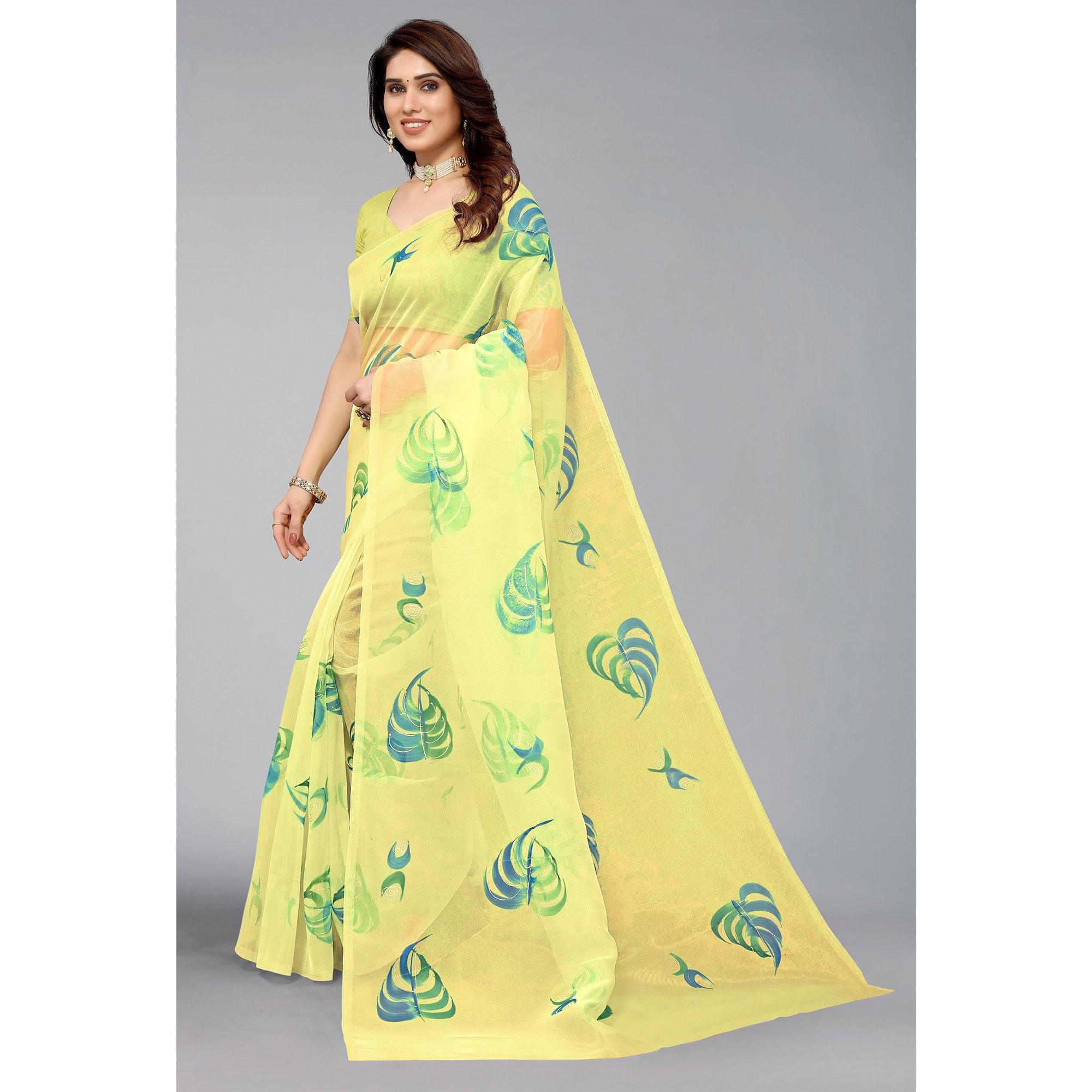 Yellow Hand Printed Organza Saree - Peachmode