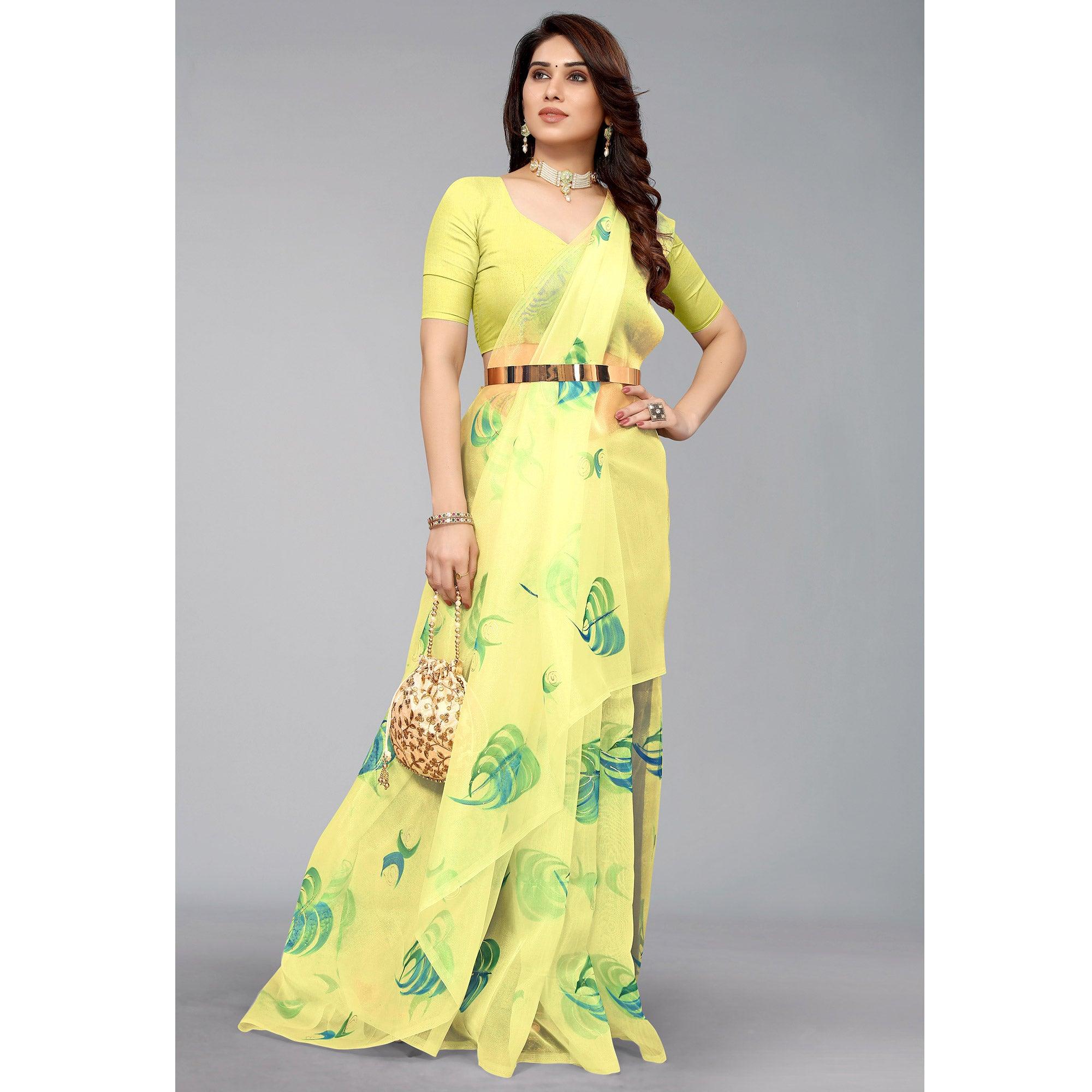 Yellow Hand Printed Organza Saree - Peachmode