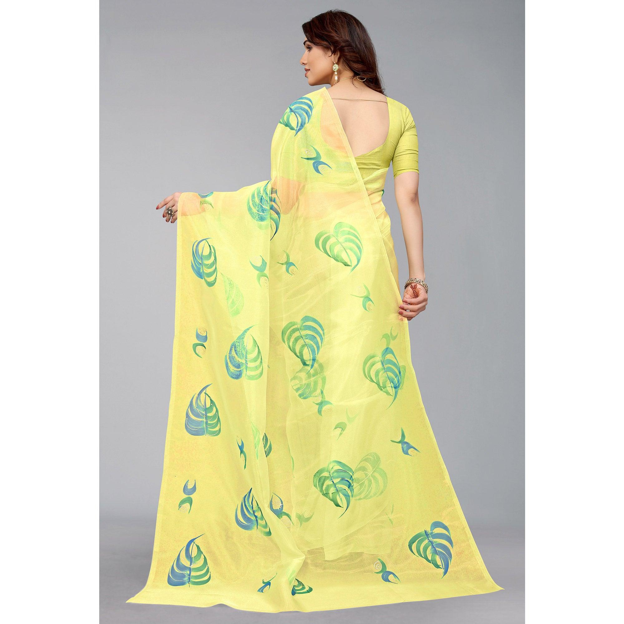 Yellow Hand Printed Organza Saree - Peachmode