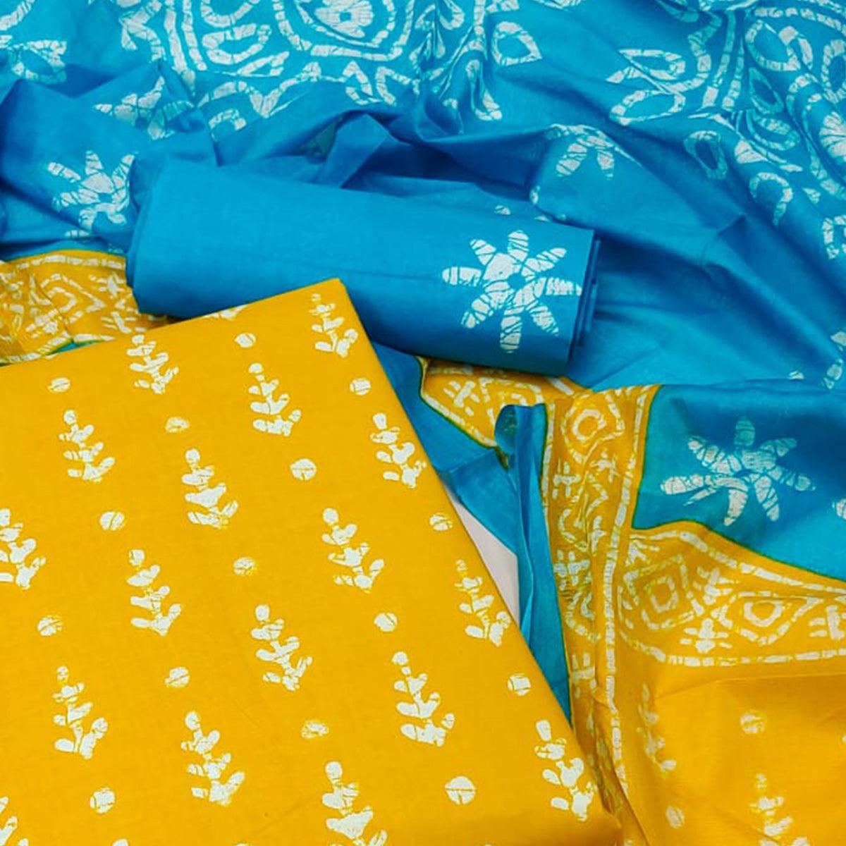 Yellow Ikkat Printed Pure Cotton Dress Material - Peachmode