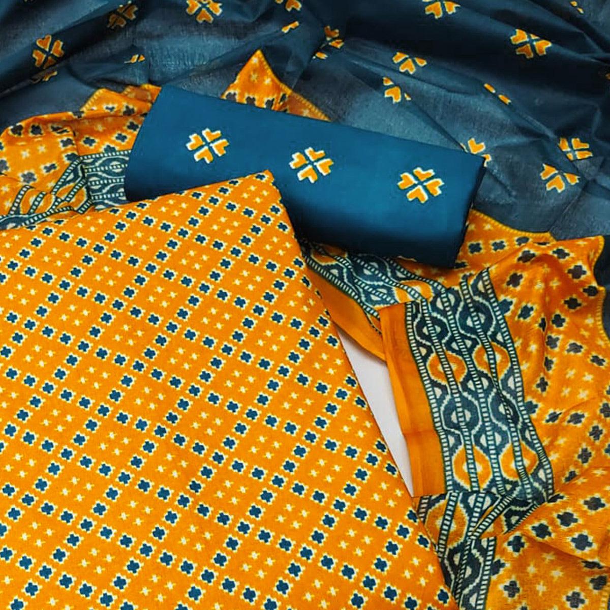 Yellow Ikkat Printed Pure Cotton Dress Material - Peachmode