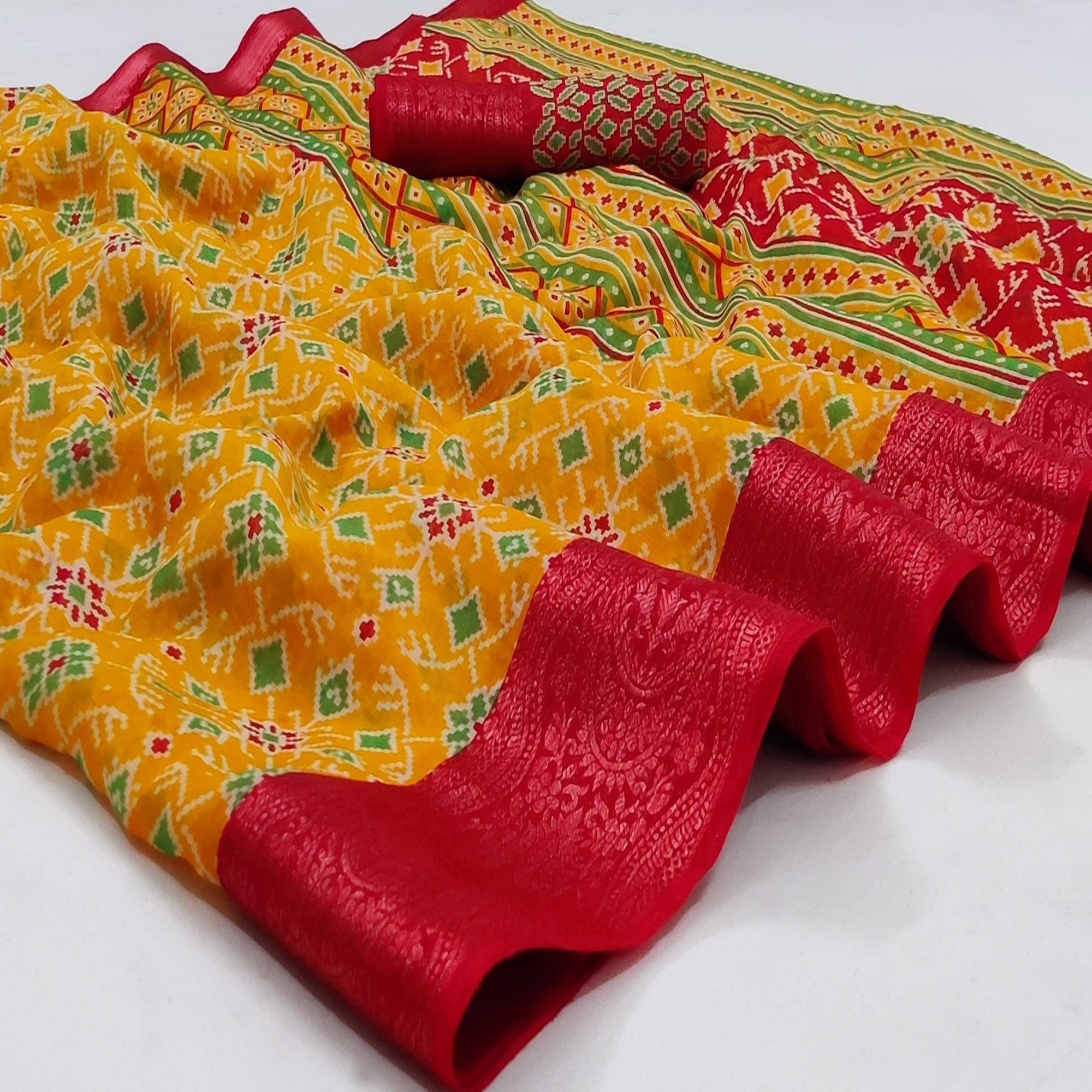 Yellow Ikkat Printed Pure Cotton Saree - Peachmode