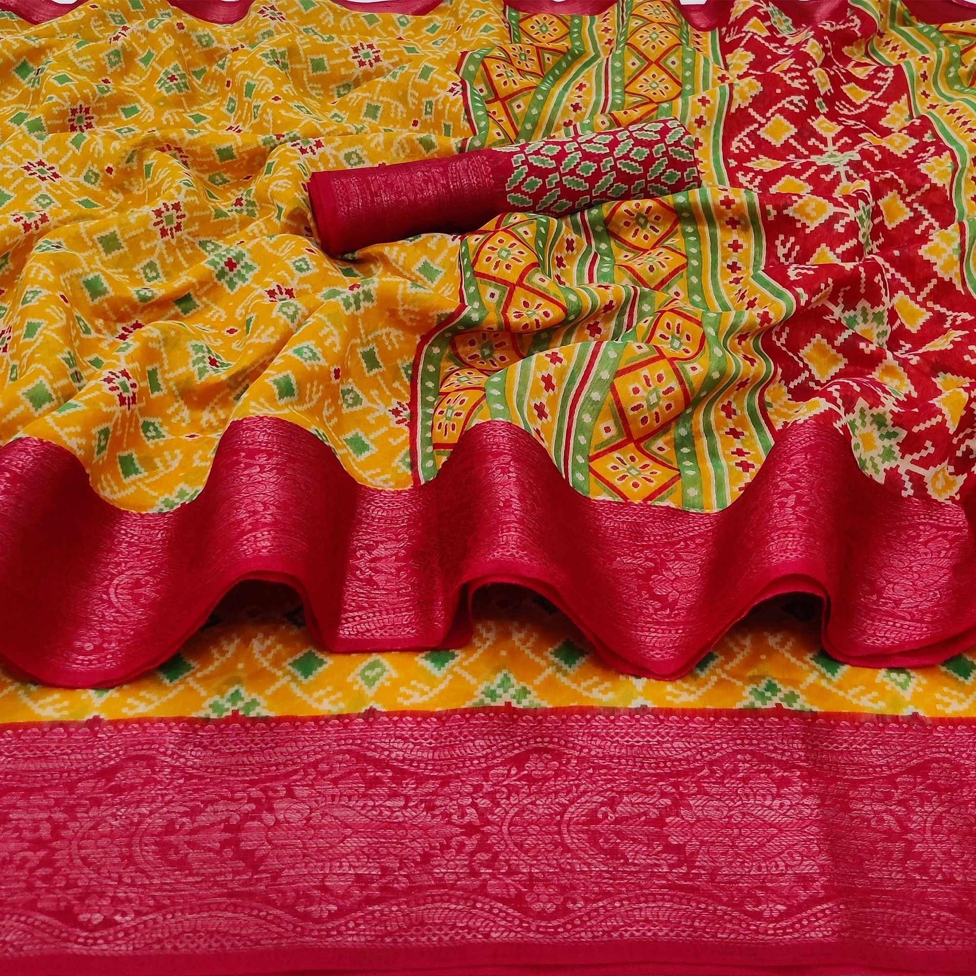 Yellow Ikkat Printed Pure Cotton Saree - Peachmode