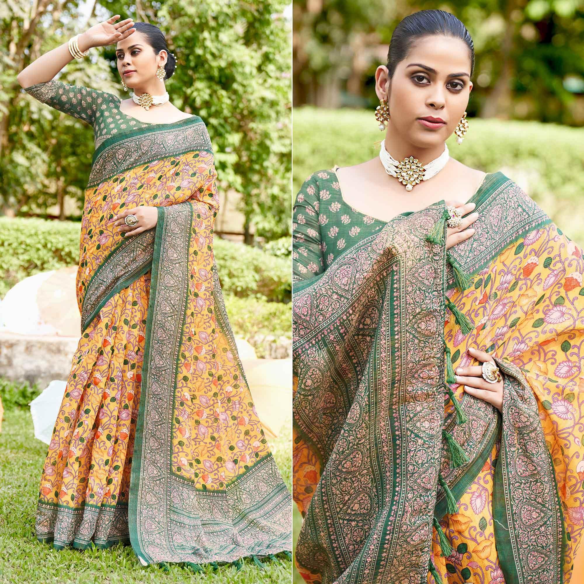 Yellow Kalamkari Digital Printed Linen Saree With Tassels - Peachmode