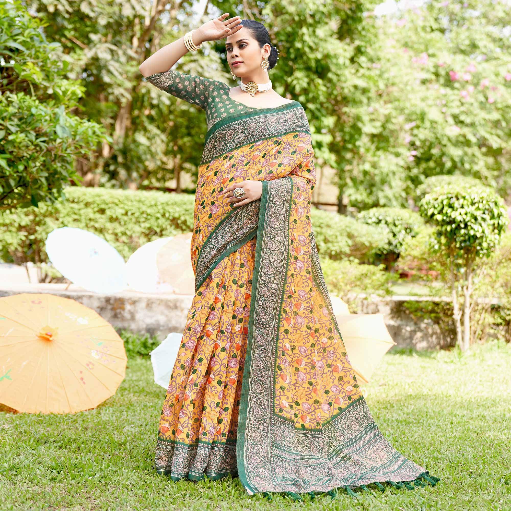 Yellow Kalamkari Digital Printed Linen Saree With Tassels - Peachmode