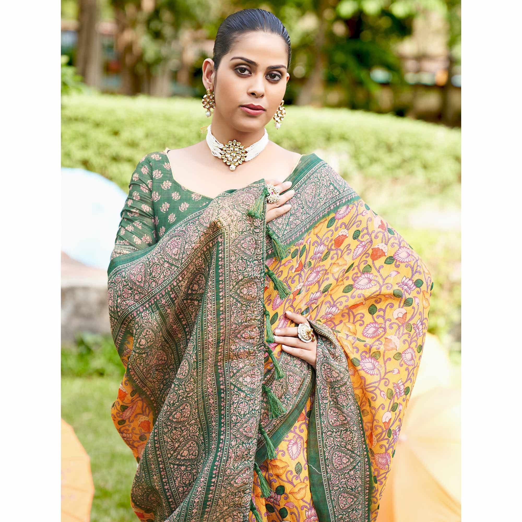 Yellow Kalamkari Digital Printed Linen Saree With Tassels - Peachmode