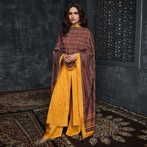 Yellow Lakhnavi Embroidery Georgette Partywear Palazzo Suit - Peachmode