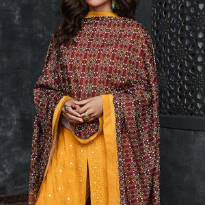 Yellow Lakhnavi Embroidery Georgette Partywear Palazzo Suit - Peachmode